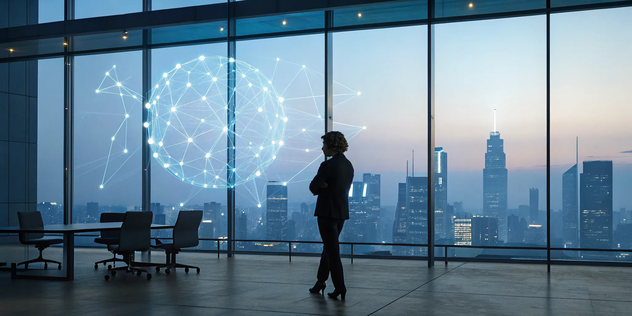 Business professional managing an agentic AI network for workflow automation in a modern office.