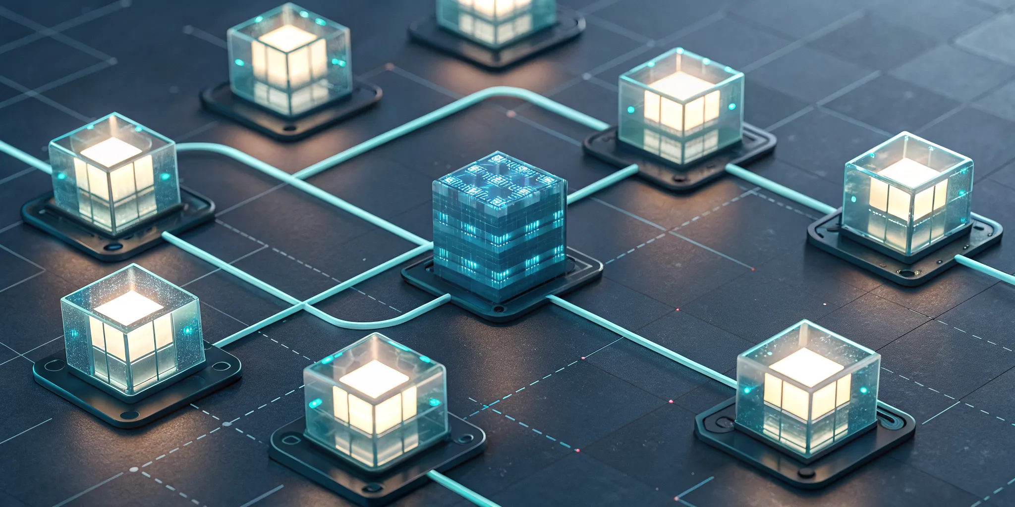 The saga pattern in microservices shown as a network of interconnected digital cubes.
