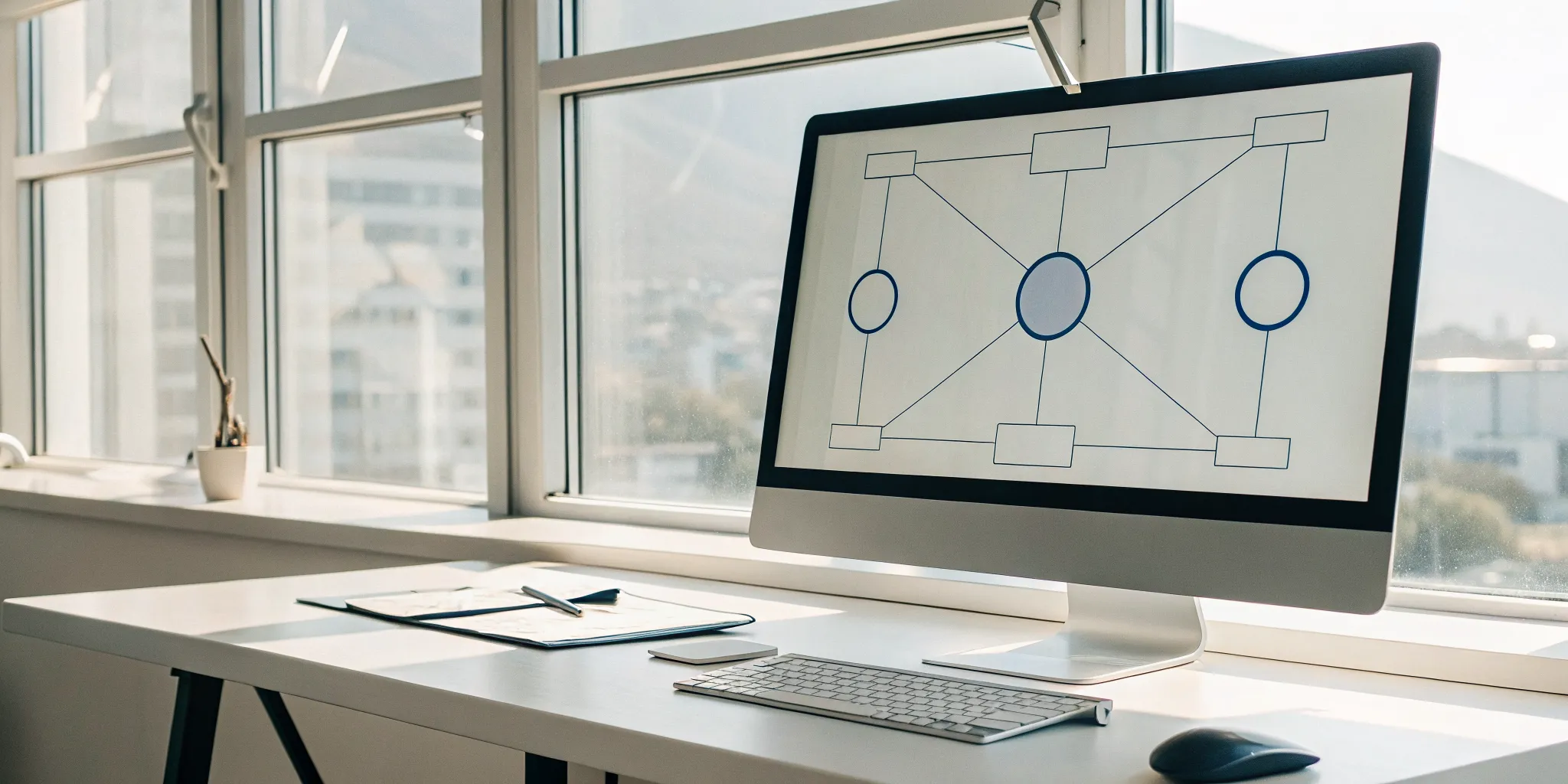 A workflow optimization diagram displayed on a computer screen on an office desk.