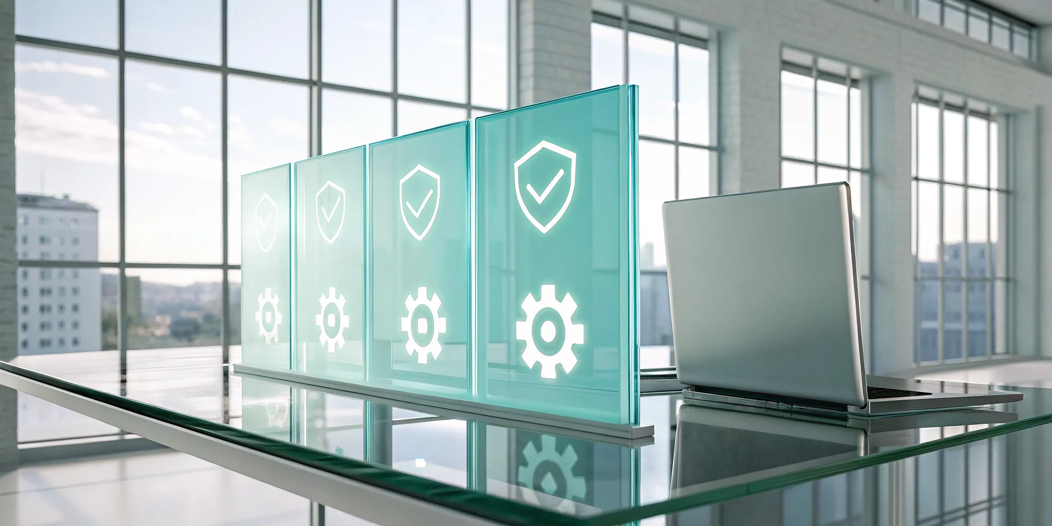 A laptop displaying examples of automated business rules with gear and shield icons.