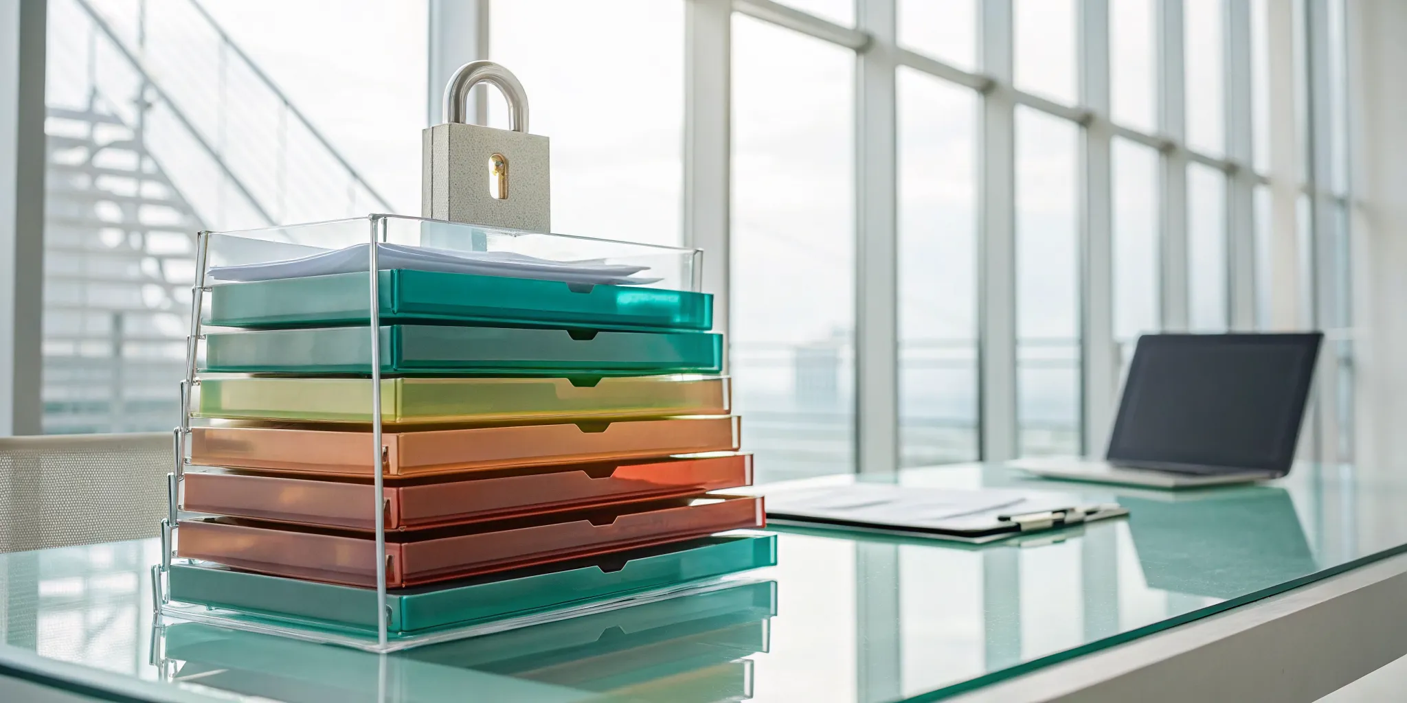 Stacked document trays with a padlock, showing secure document classification levels.