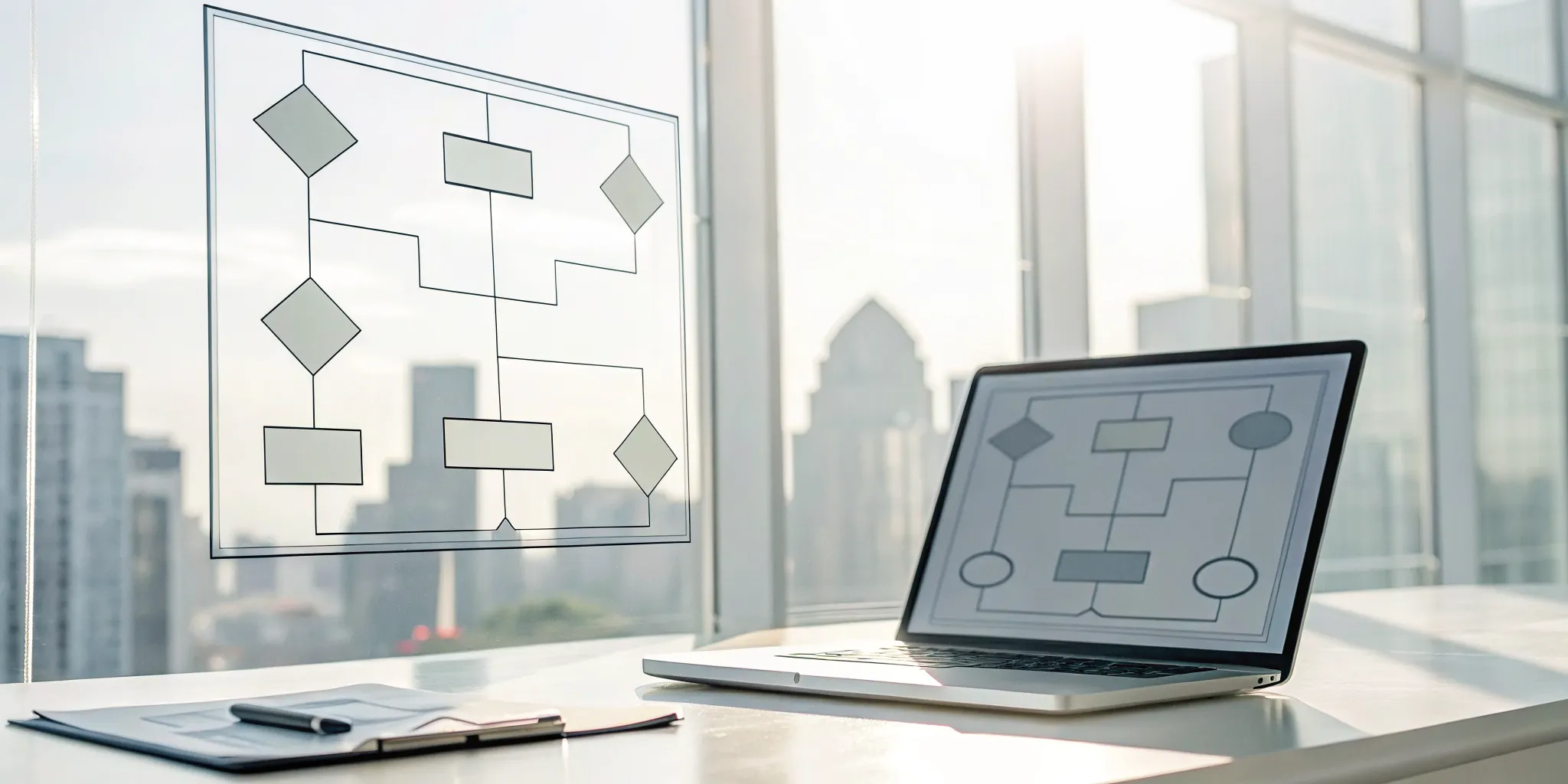 A flowchart generator on a laptop creating a complex process diagram.