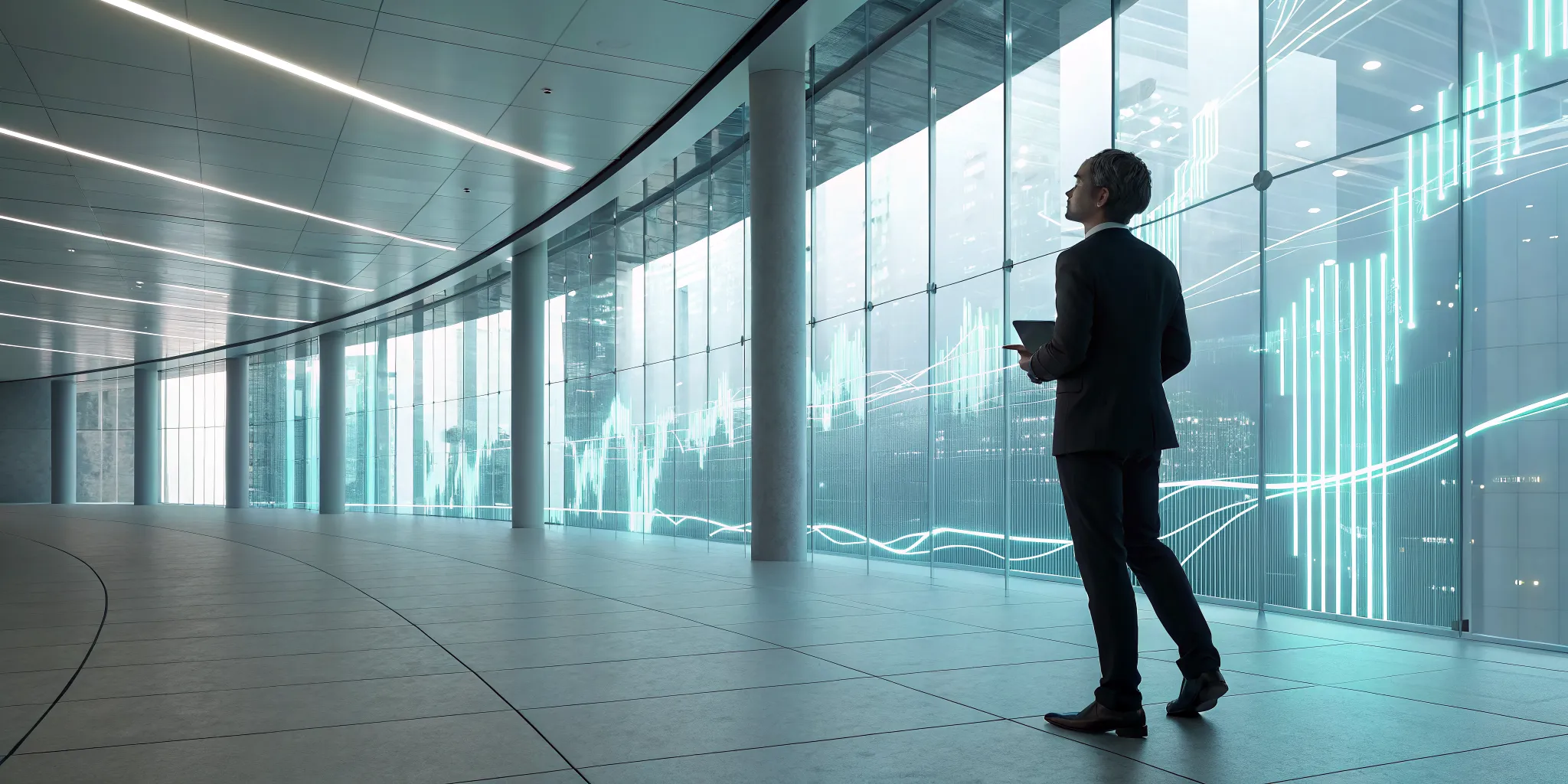 A professional analyzing workflow data using a digital orchestration platform on a large screen.