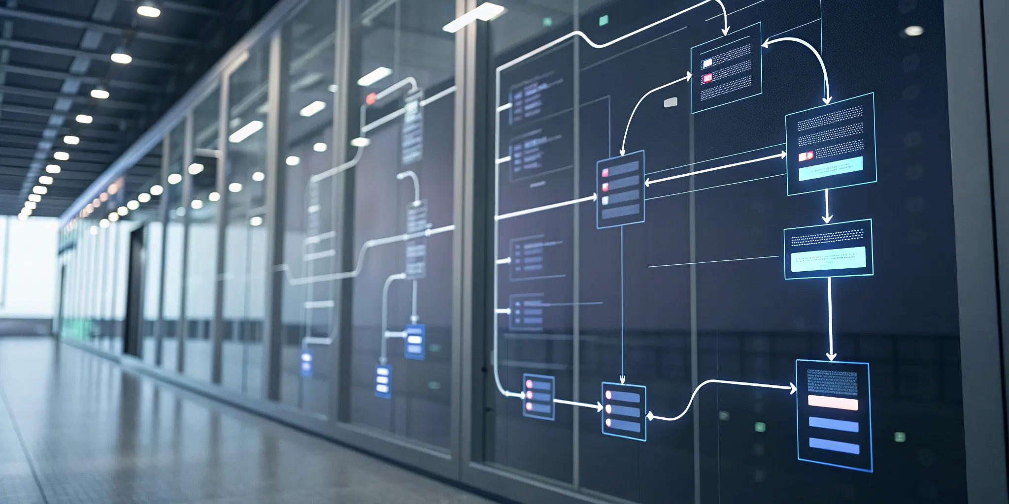 A complete software development workflow visualized on digital diagrams in a modern server room.