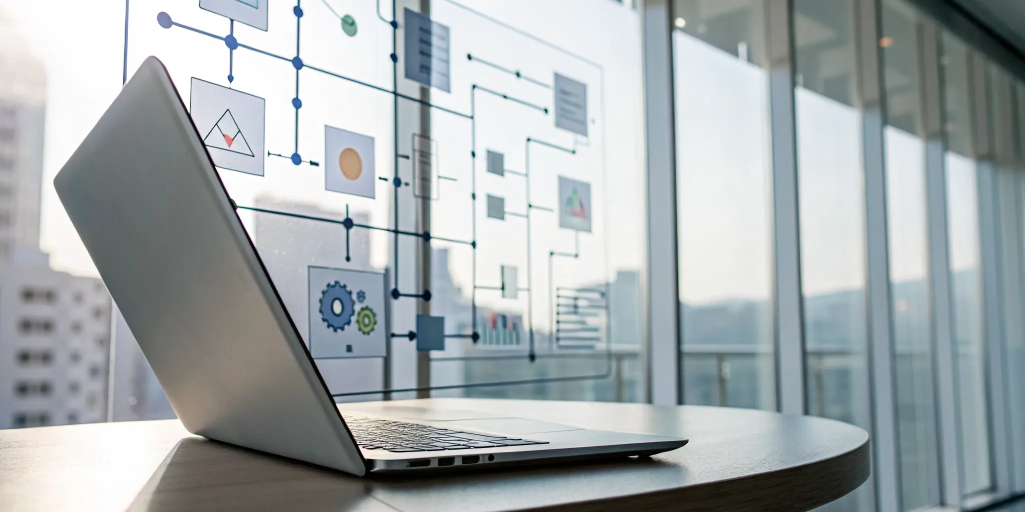 Laptop screen displaying workflow management solutions with process diagrams and automation icons.