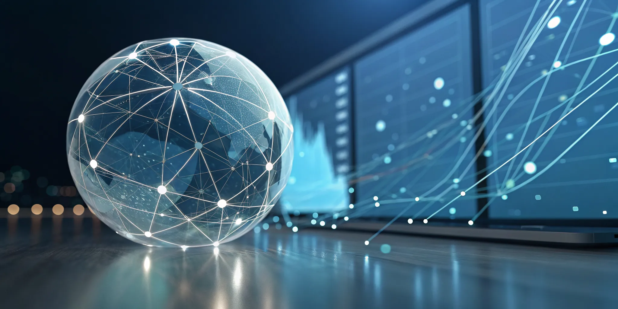 Data integration platforms connecting global data points on a digital globe with analytics dashboards.