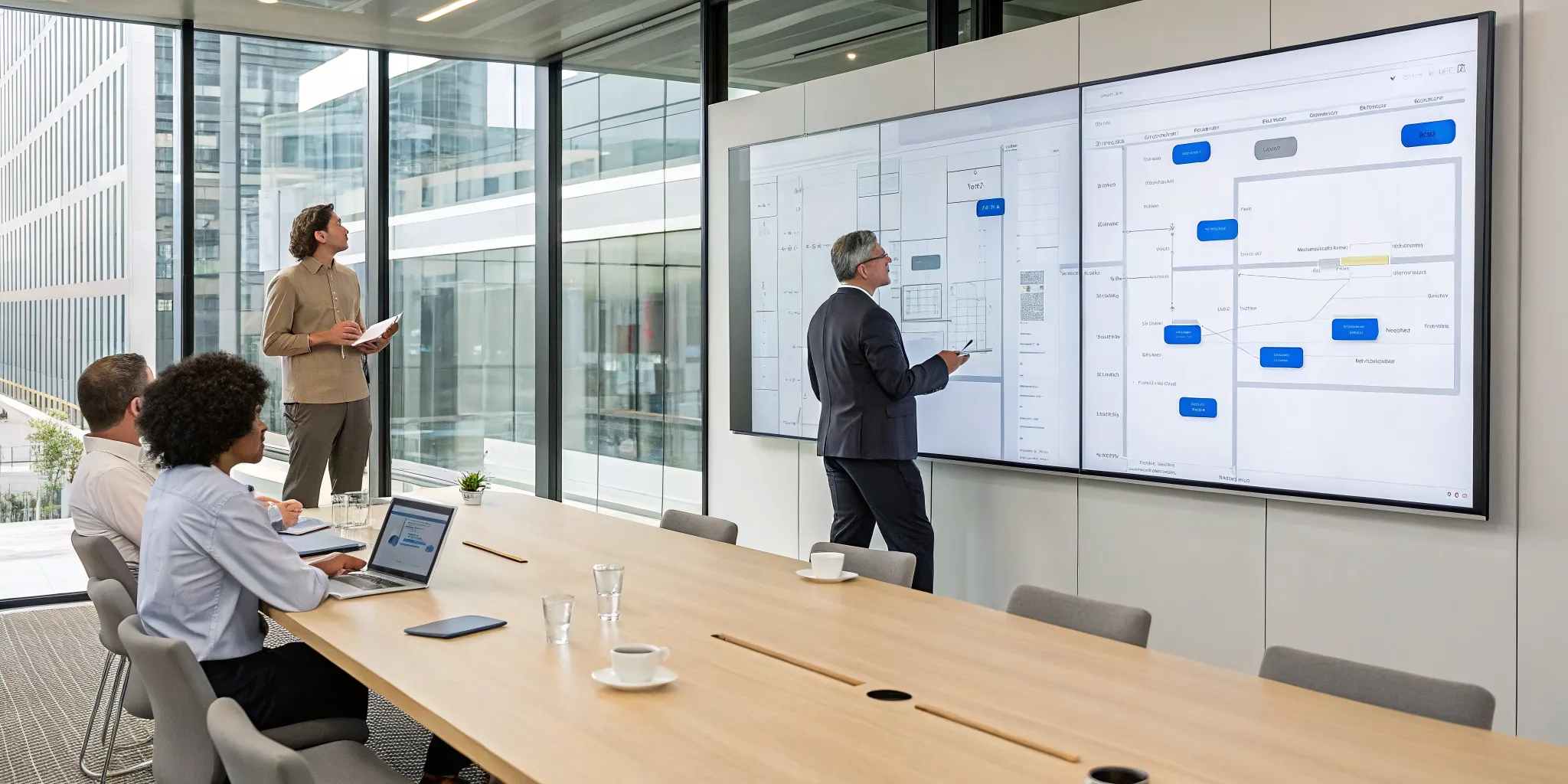 A team planning the key stages of a successful software implementation.