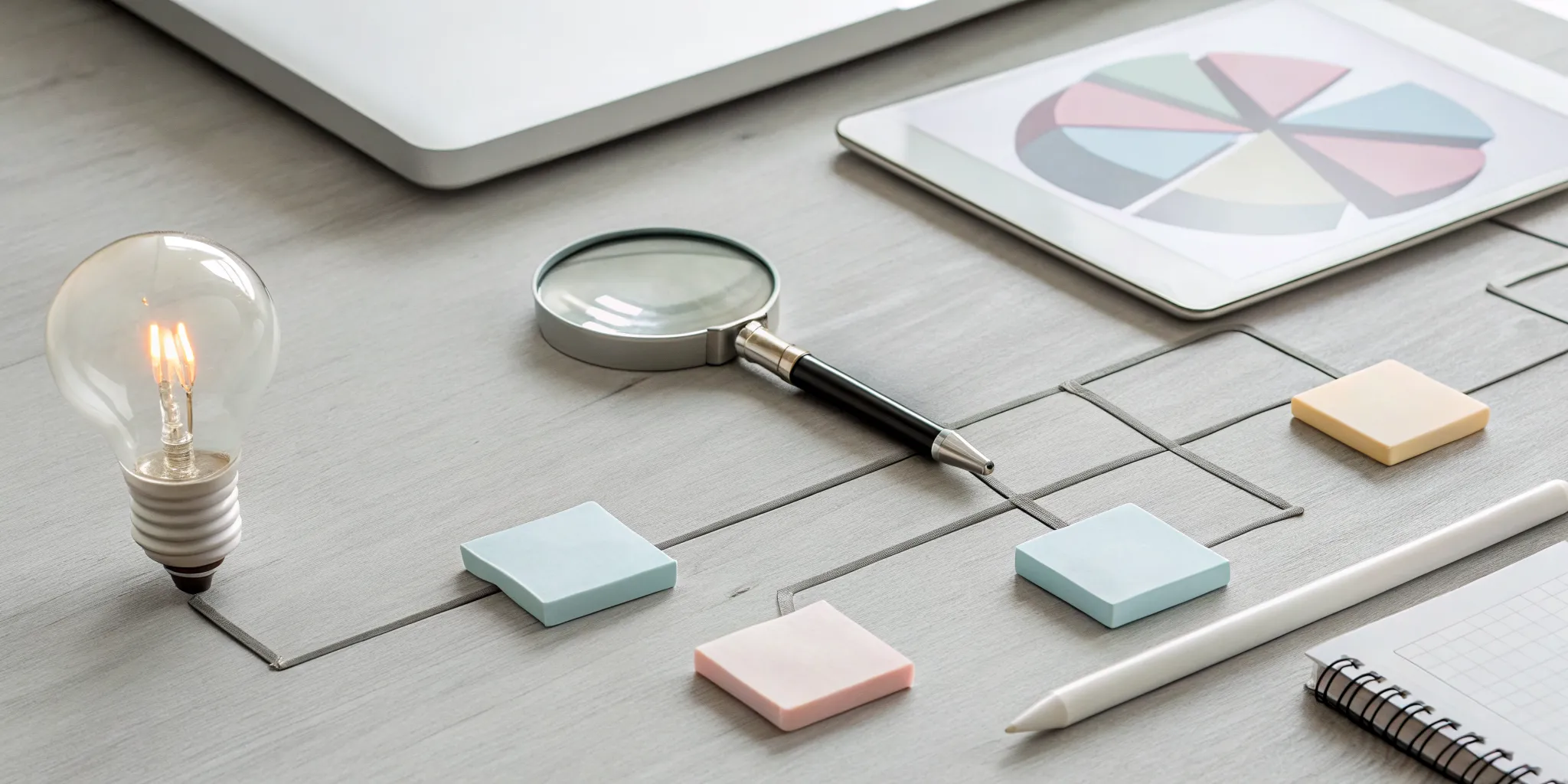 The product development process, from ideation with a lightbulb to planning with sticky notes.