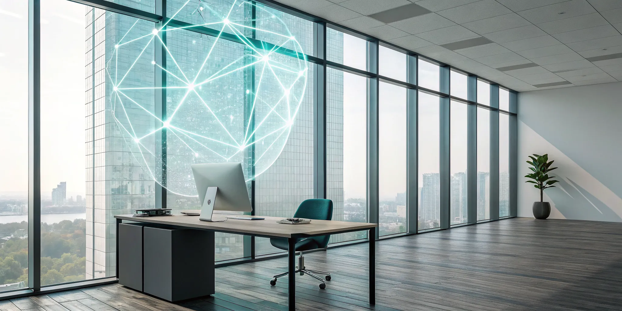 Computer in a modern office displaying the network connections of an application integration platform.