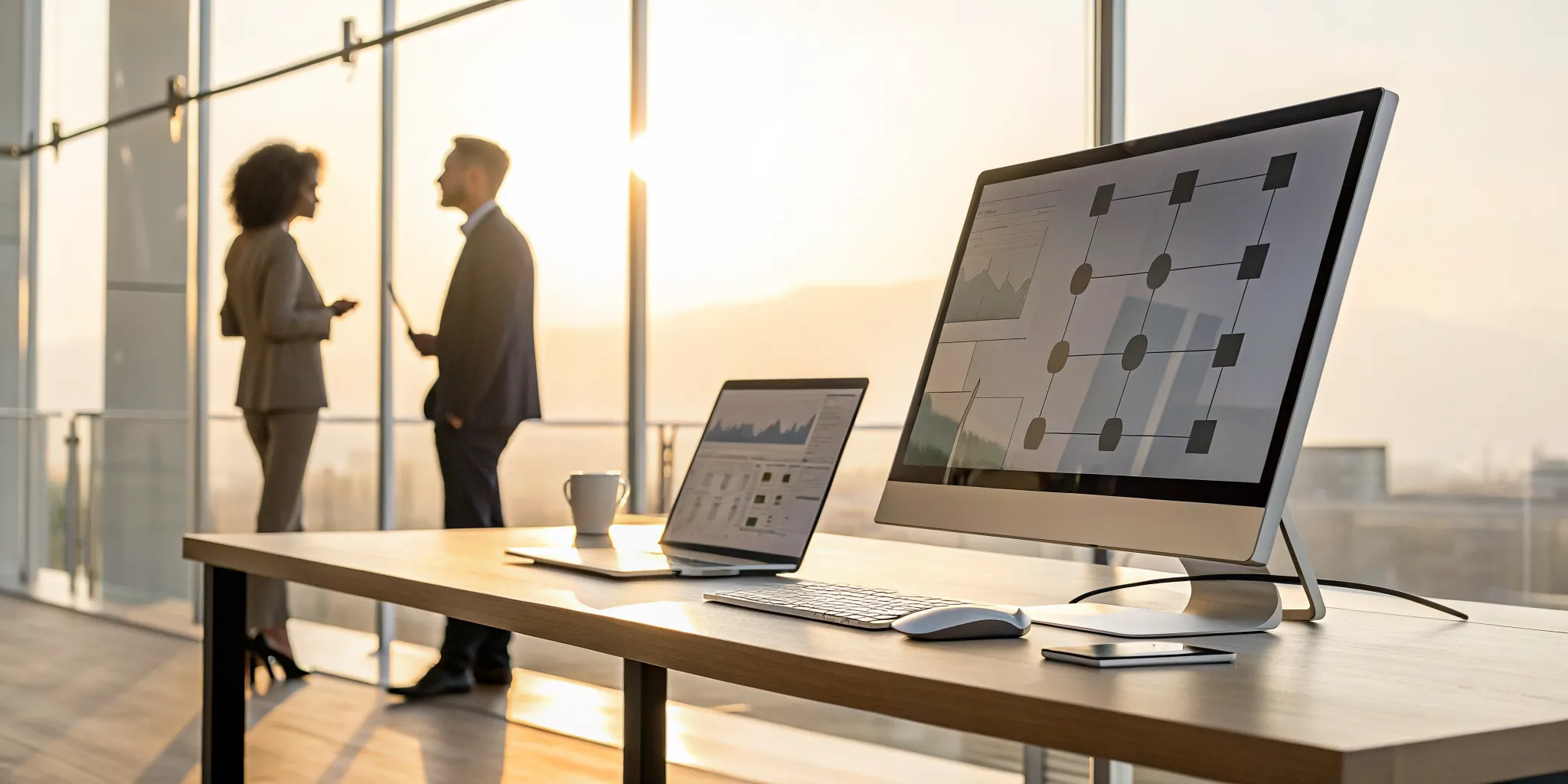 Professionals analyzing a manufacturing workflow with production process software.