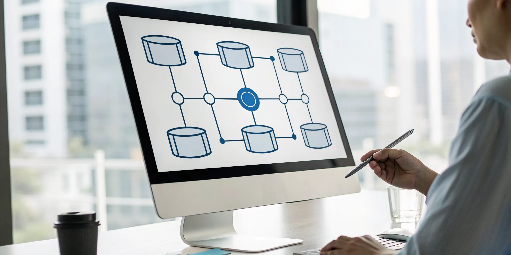 A developer designing a software architecture diagram on a computer screen.