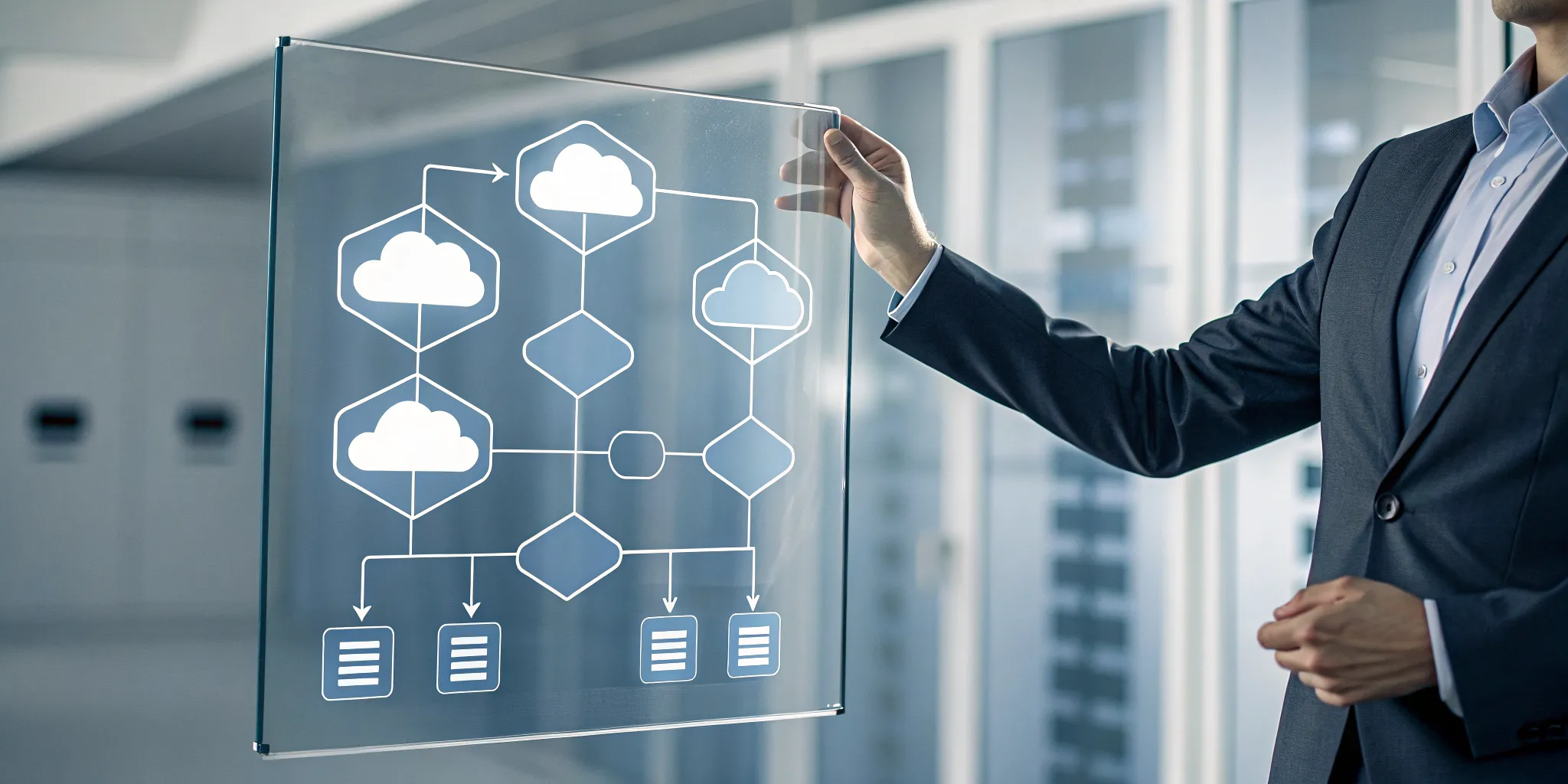 A professional presenting a software architecture diagram with cloud and data flow symbols.