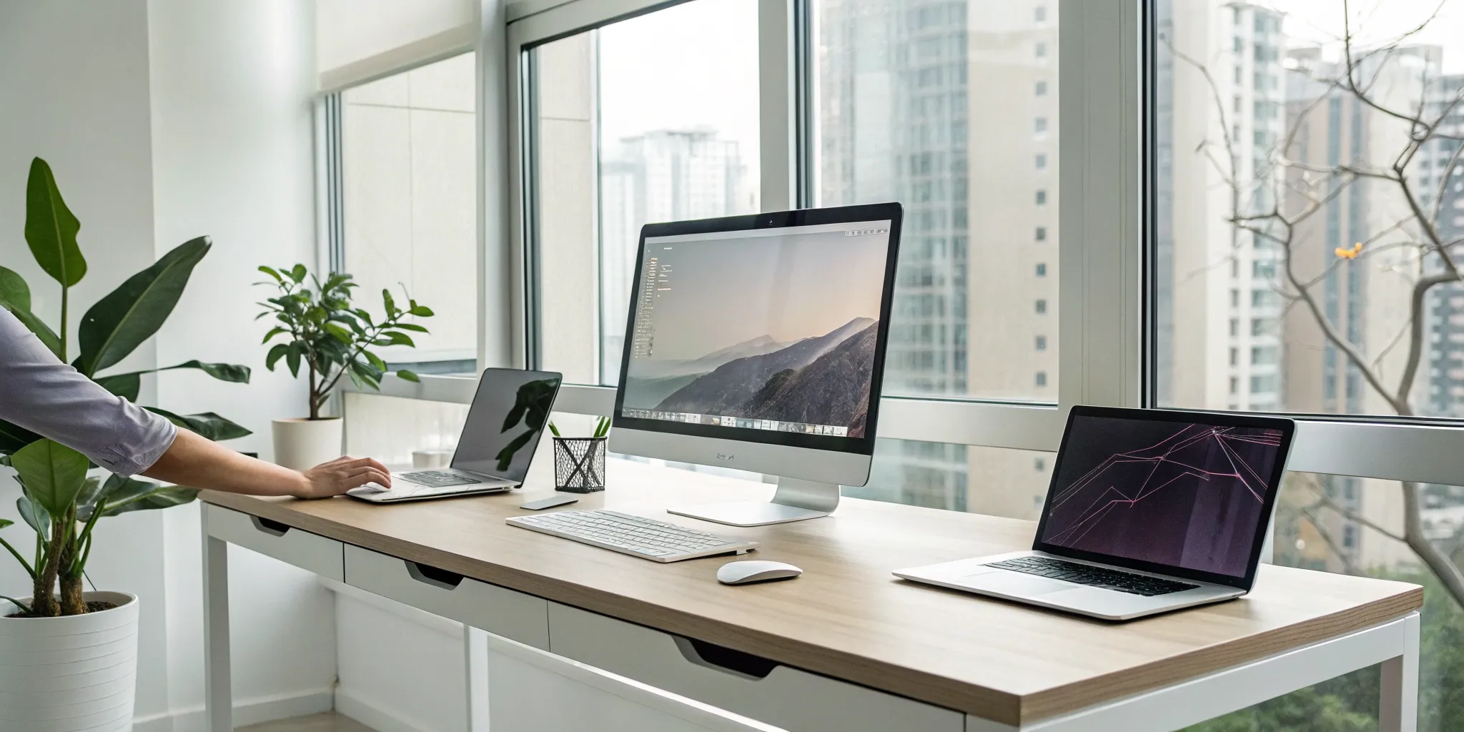 A modern desk with computers set up to automate workflow processes.