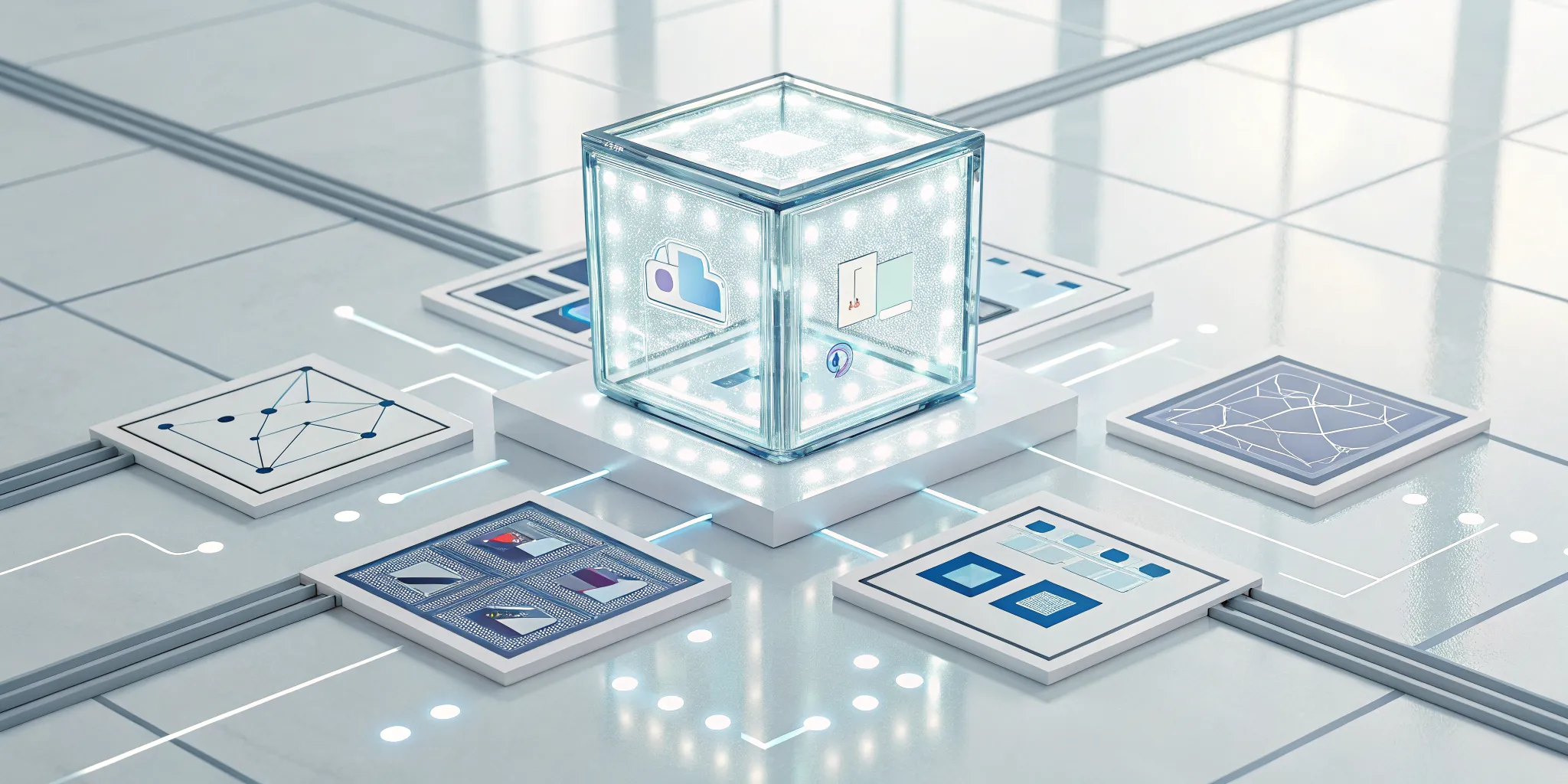 A digital network showing API management software connecting data, security, and analytics modules.