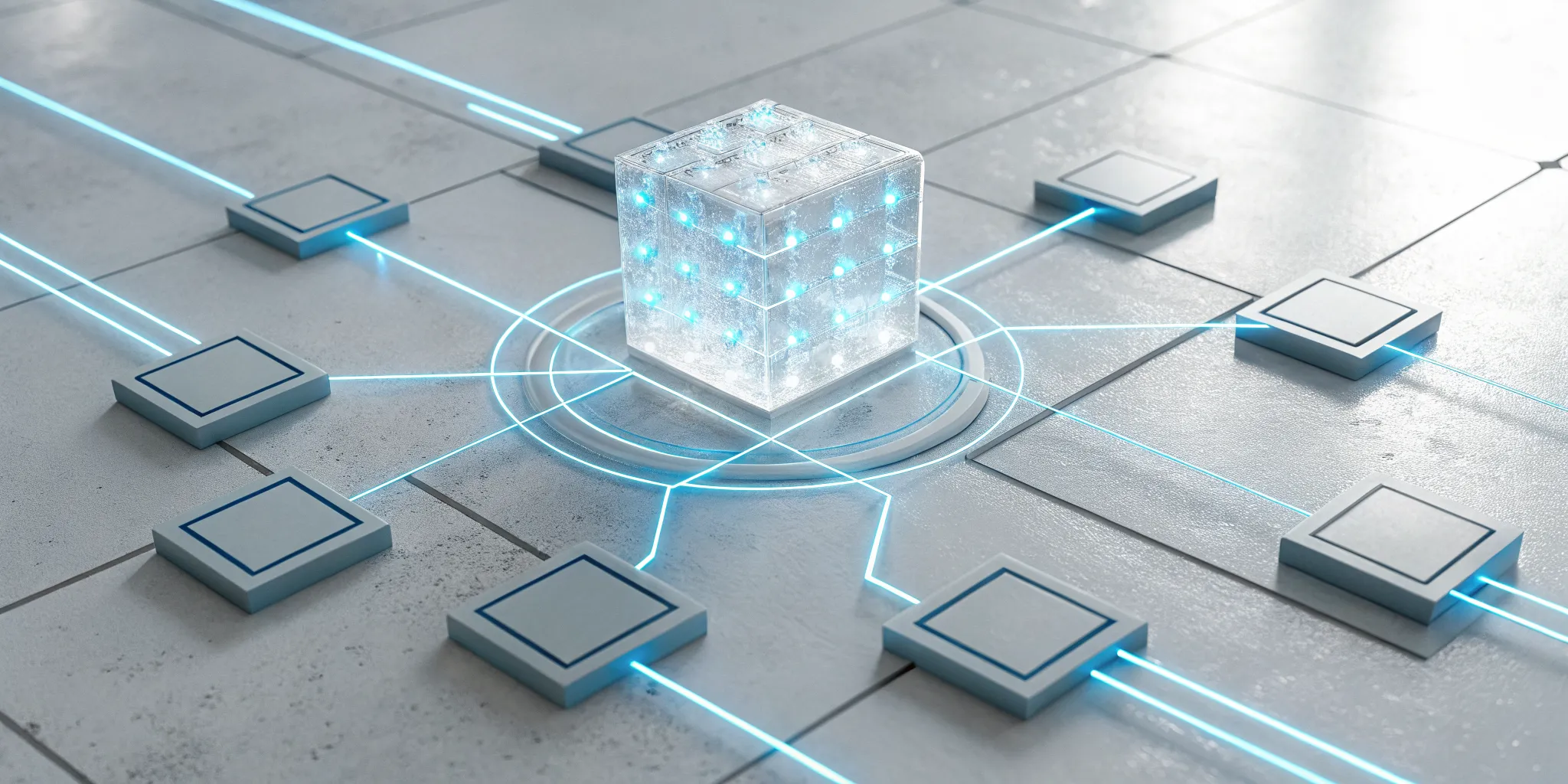 Glowing cube and connected nodes representing free AI workflow automation.