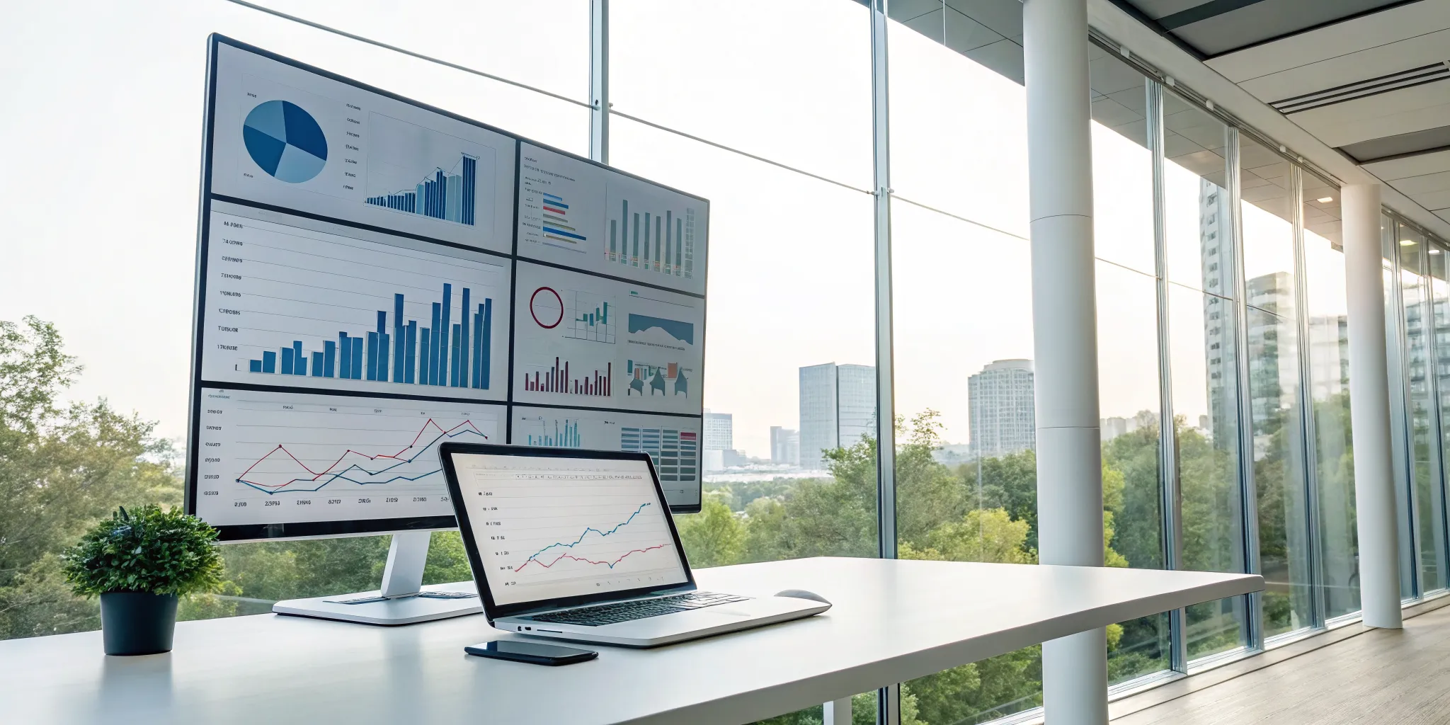 Business process optimization tools showing workflow charts and performance data on a computer screen.