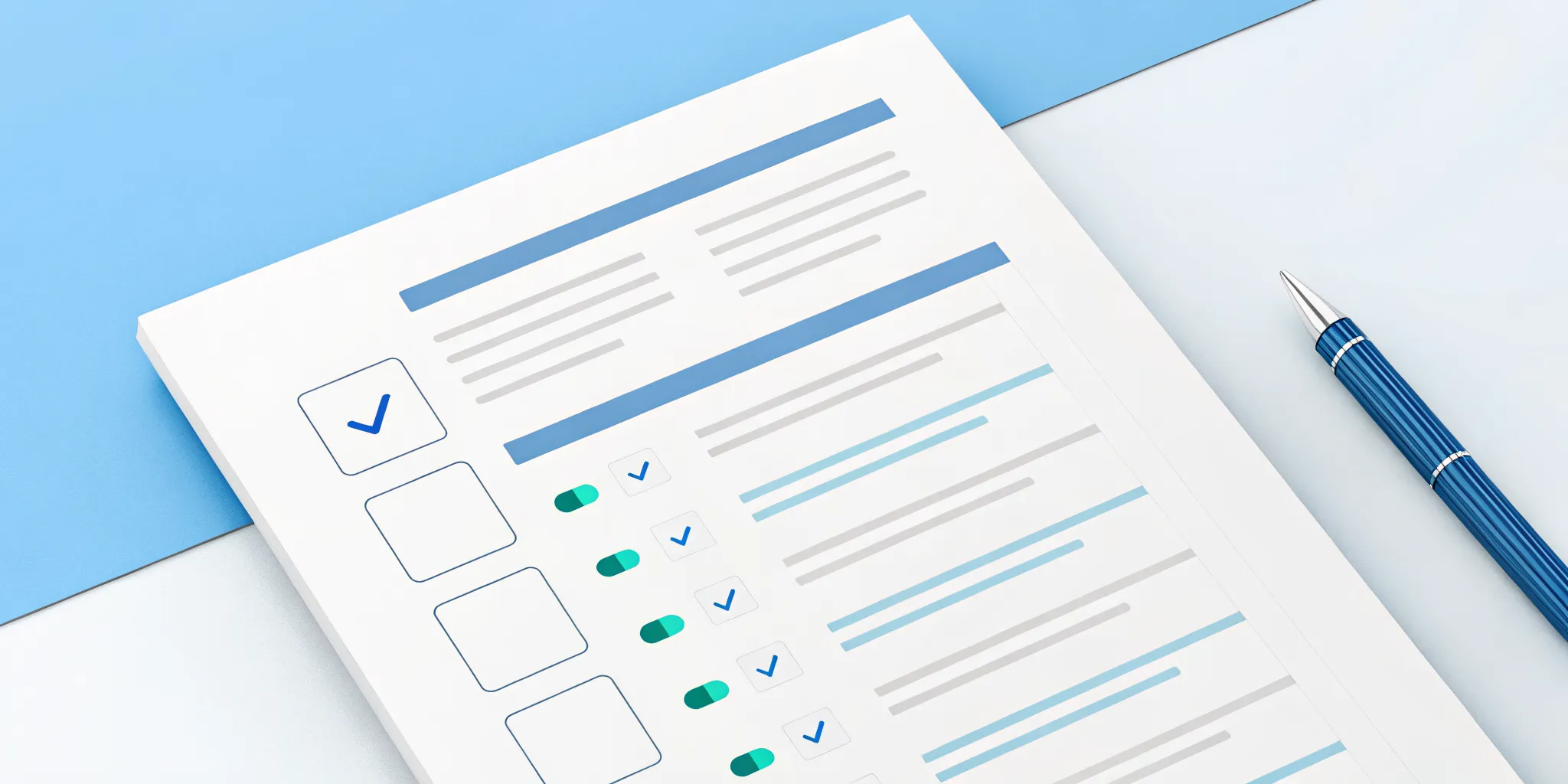 A checklist with a pen evaluating a form builder for docs.