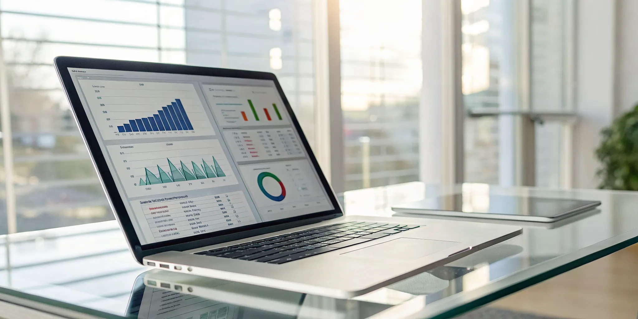 Operations management software dashboard on a laptop showing business analytics and performance charts.