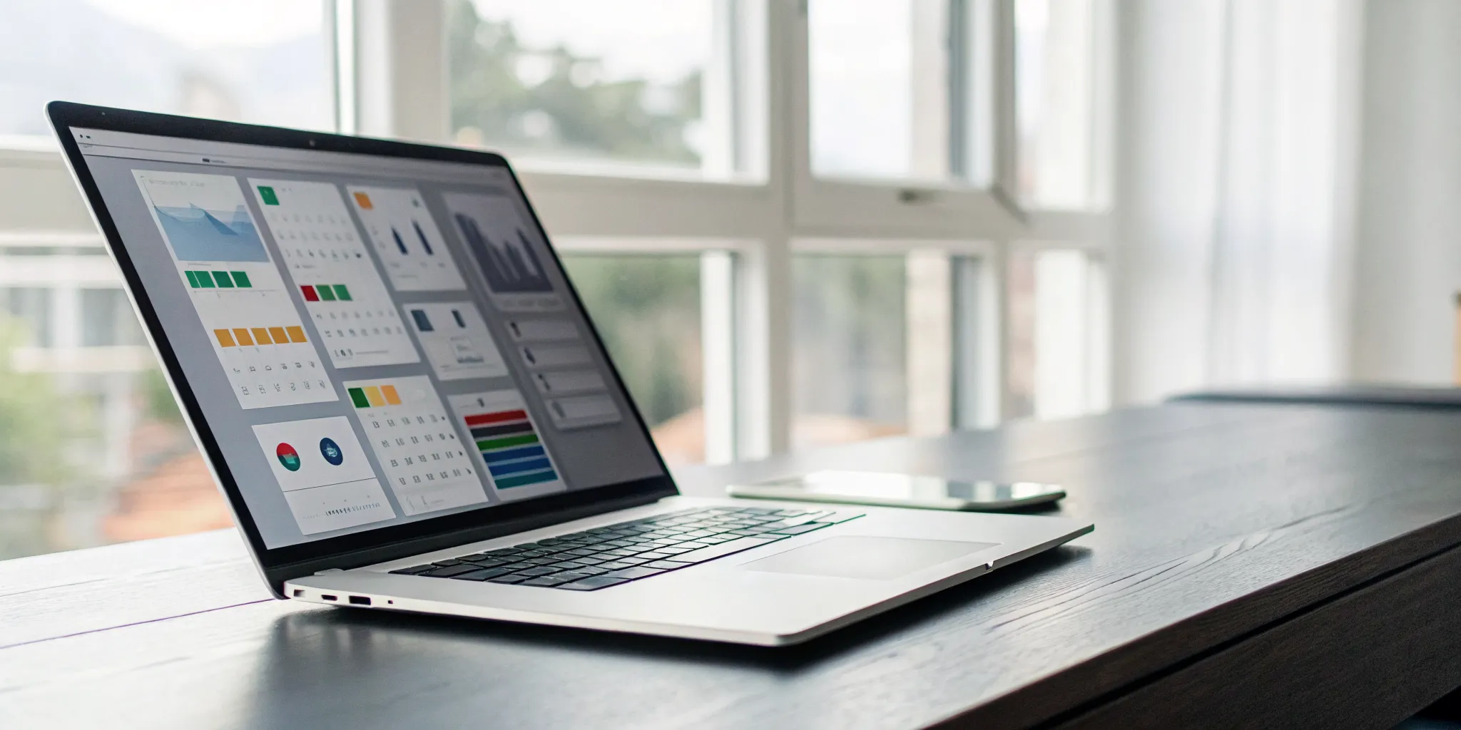 Operations management software dashboard on a laptop showing workflow automation and analytics.