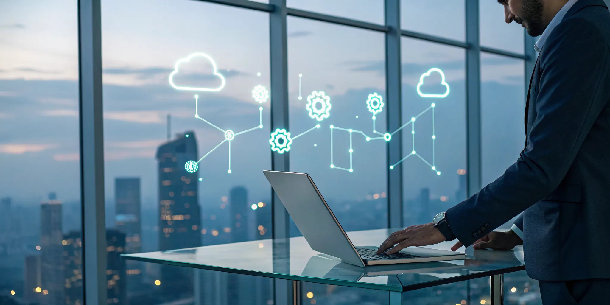 An IT professional managing an IT process automation workflow on a laptop with gear and cloud icons.