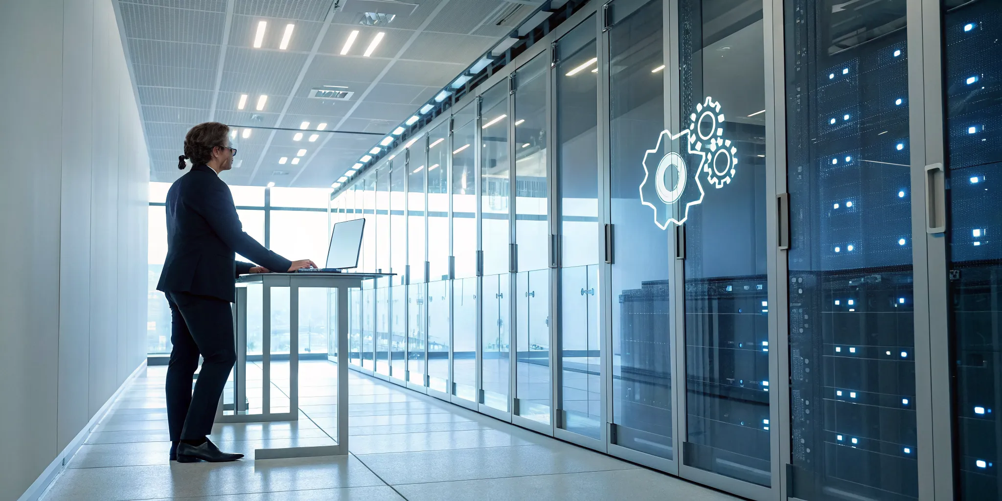 A professional managing AI process automation on a laptop in a server room.