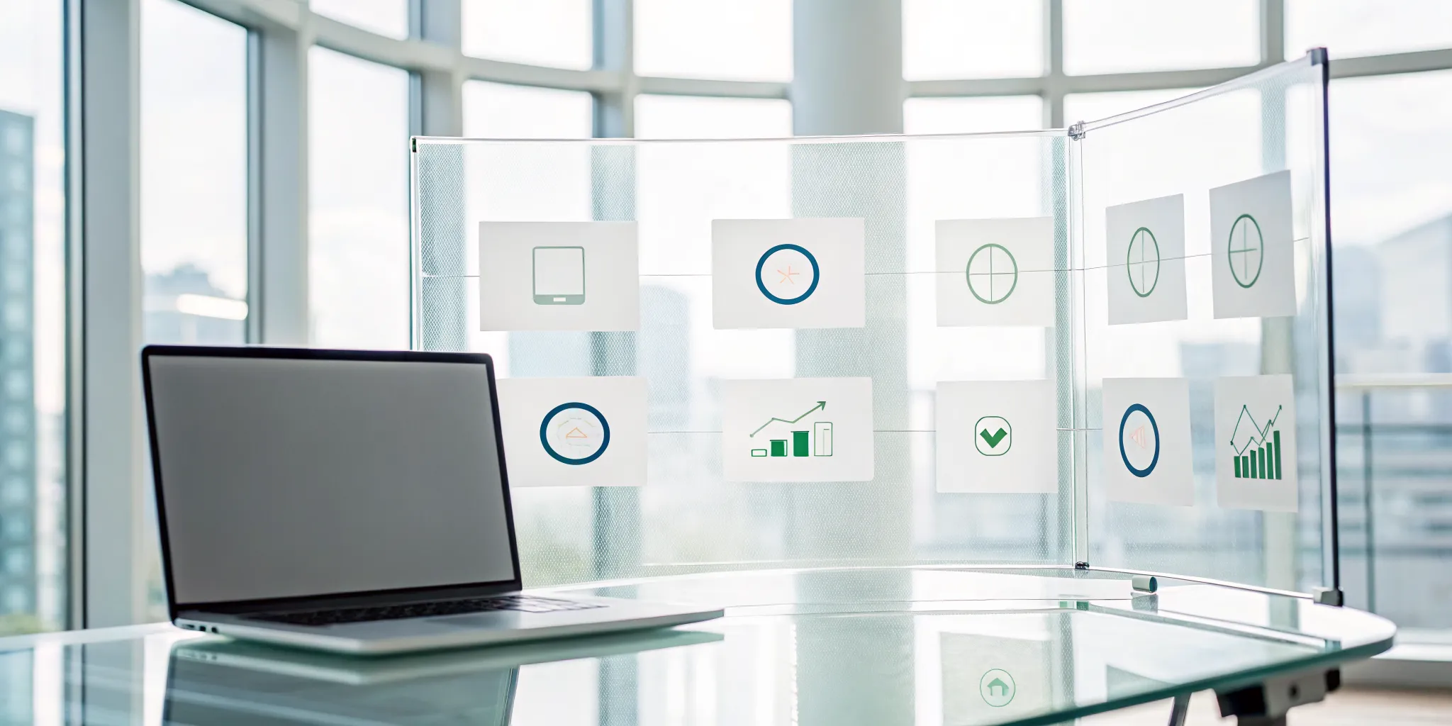 A laptop showing a workflow approval software dashboard with analytics and automation icons.