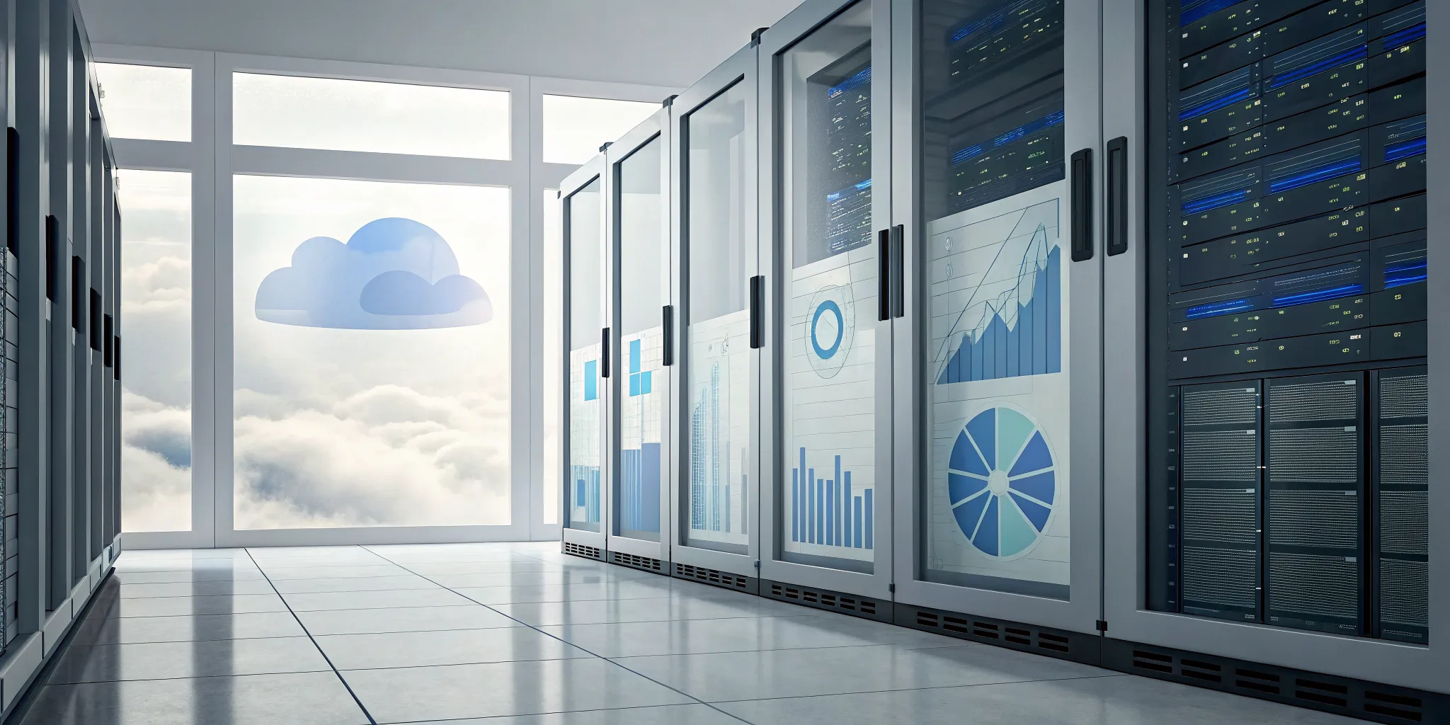 Building C Sharp software for cloud computing and data analytics in a server room.