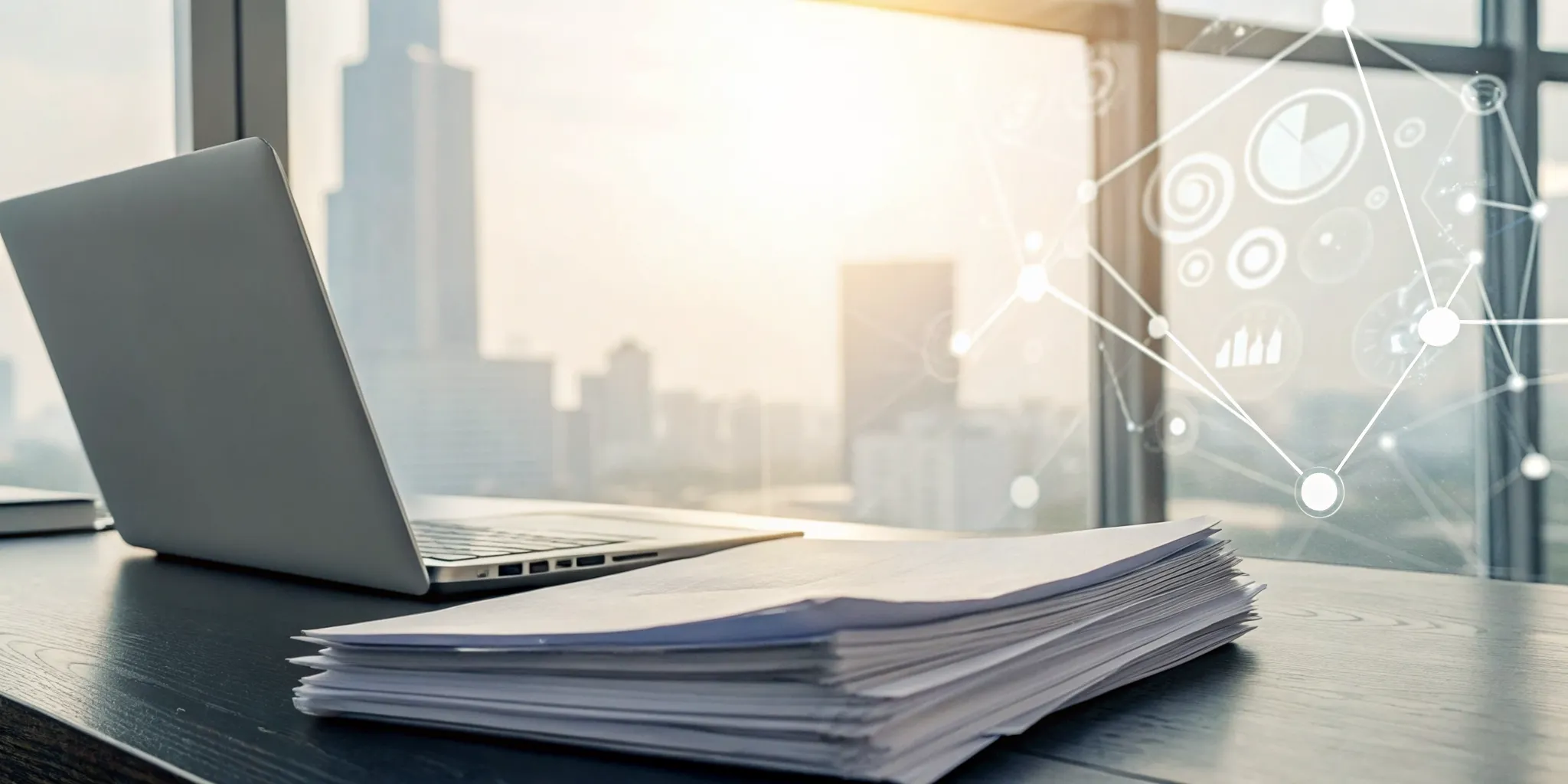A desk with a laptop using AI to process a stack of physical documents into digital data.