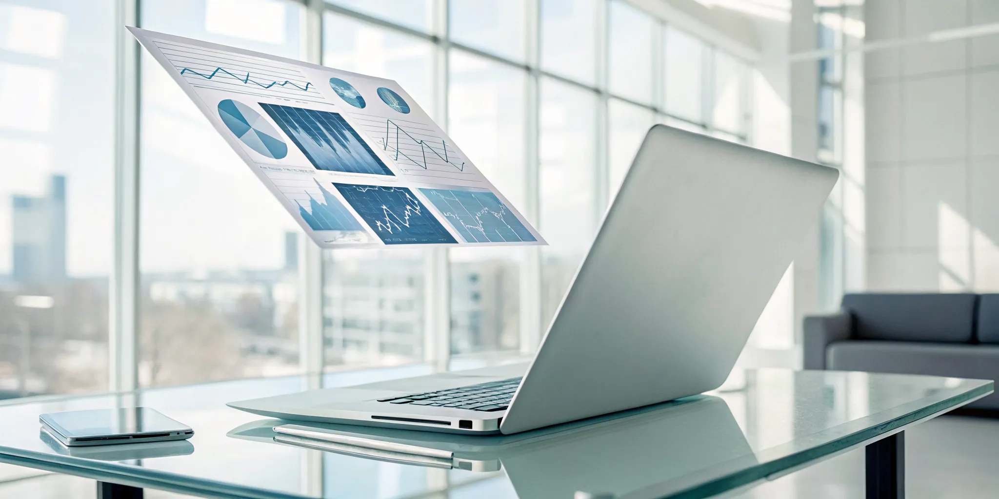 Dashboard of a free AI document analysis tool on a laptop screen with charts.