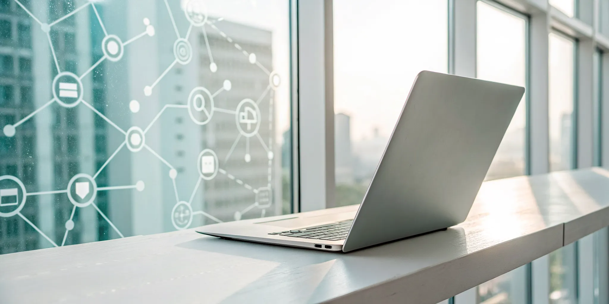 A laptop surrounded by icons showing a workflow software integration.