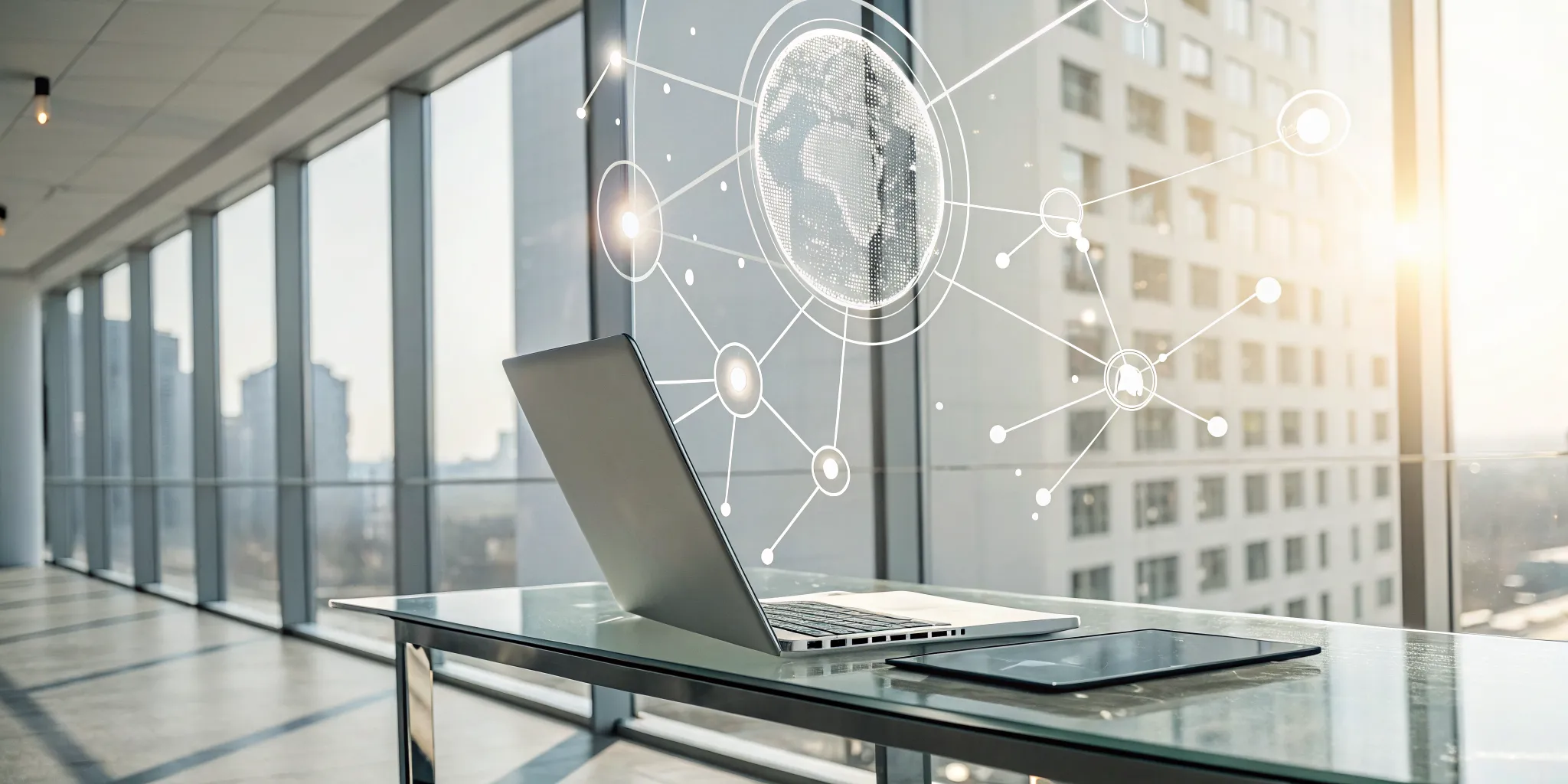Workflow software integration shown as a digital network connecting a laptop and tablet.
