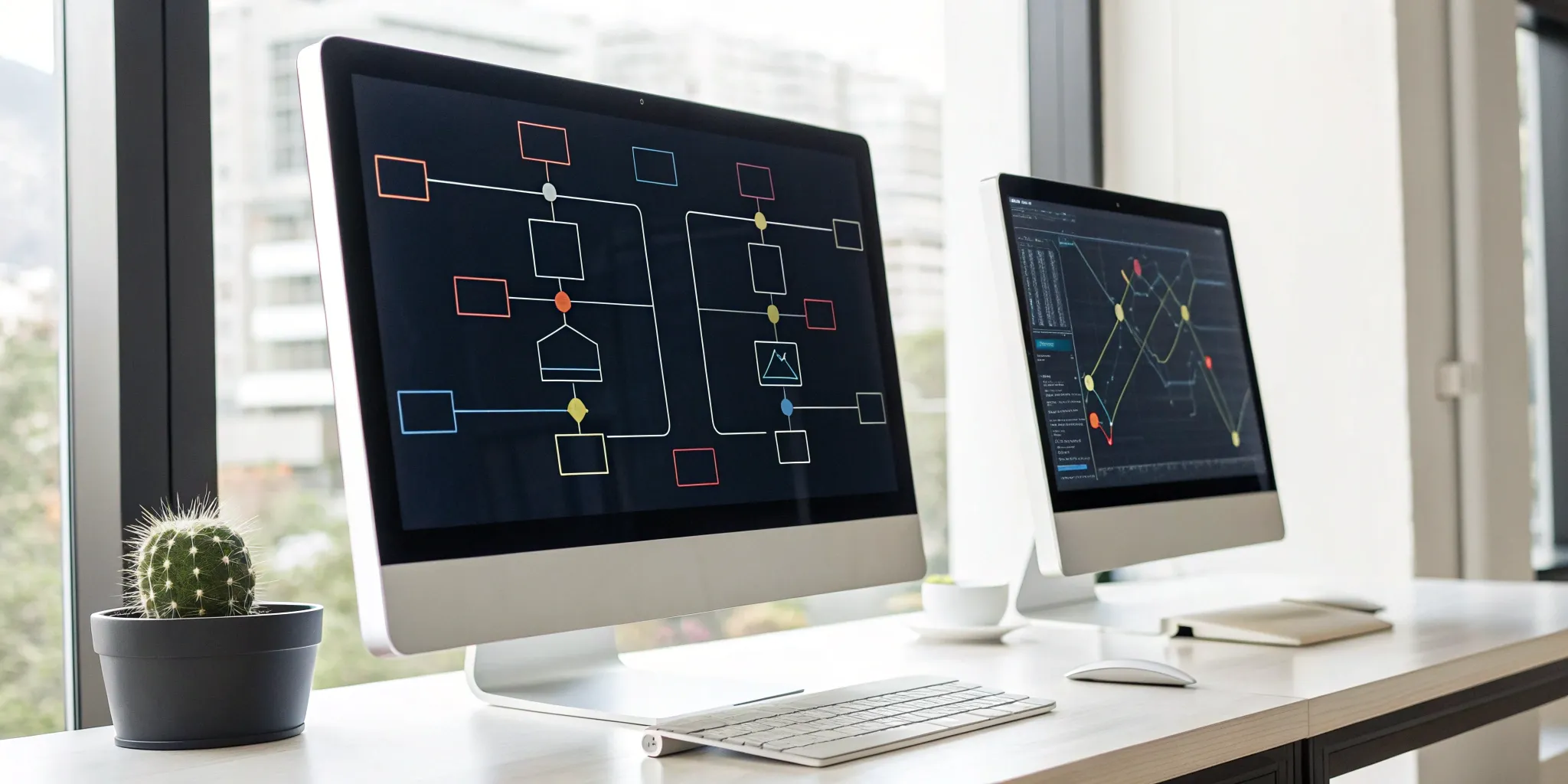 Workflow management software on a monitor showing automation flowcharts and analytics for process management.