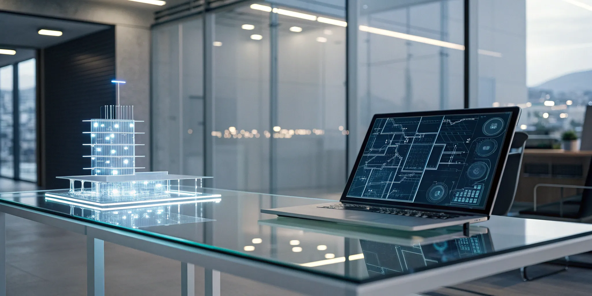 Laptop with a visual workflow designer for enterprise next to a digital building model.