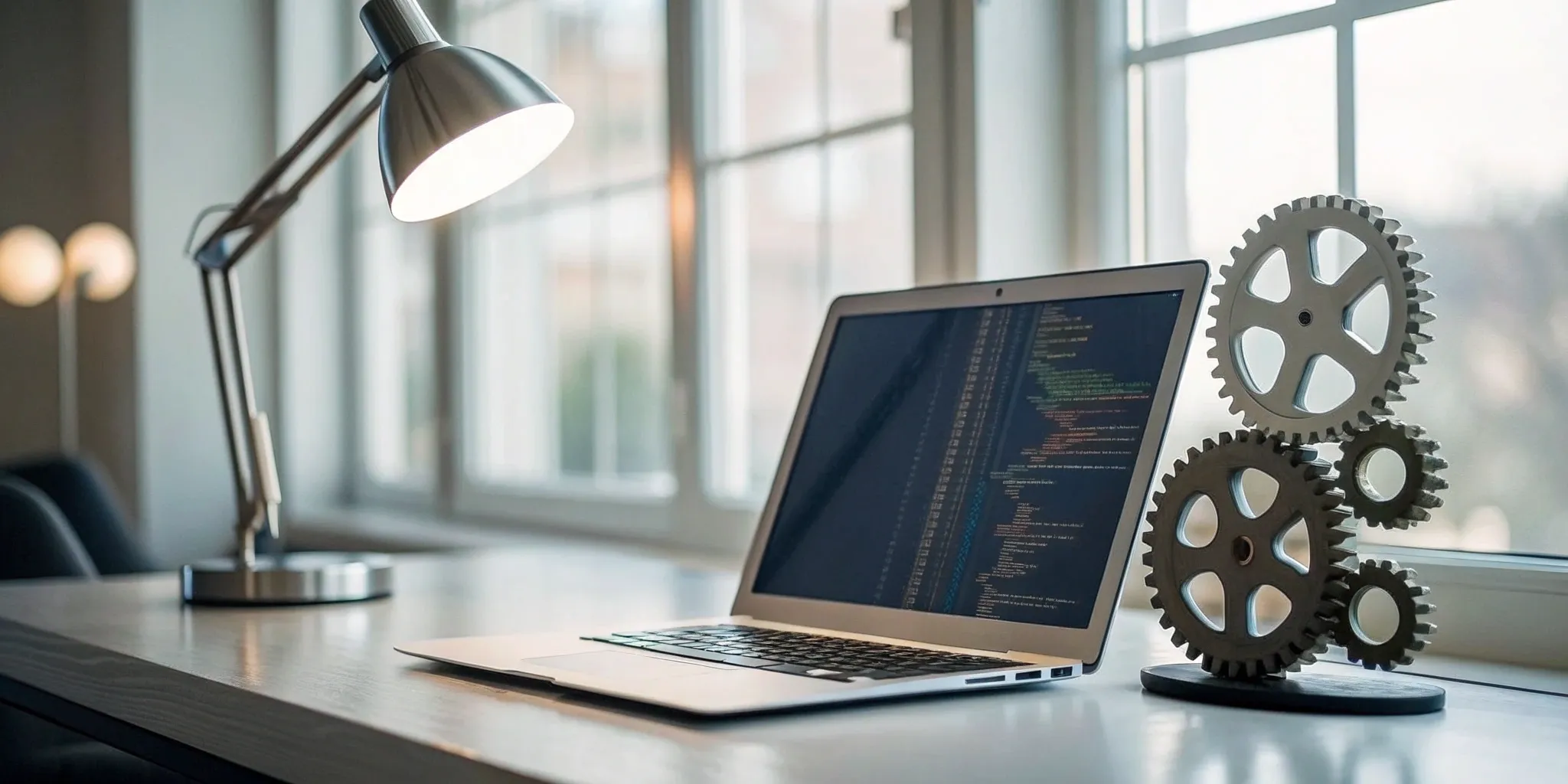 C# code for a workflow engine on a laptop screen next to interlocking metal gears.