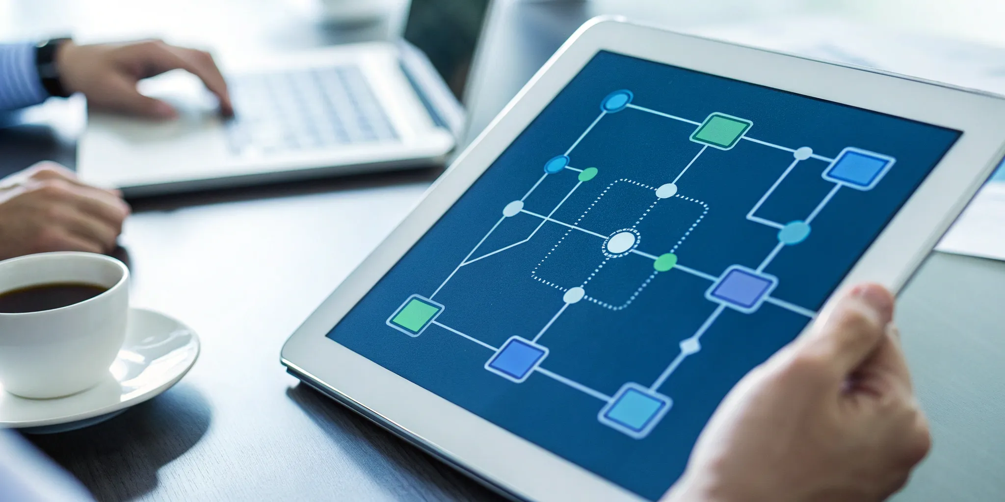 A software process workflow diagram with multiple steps and decision points on a tablet screen.
