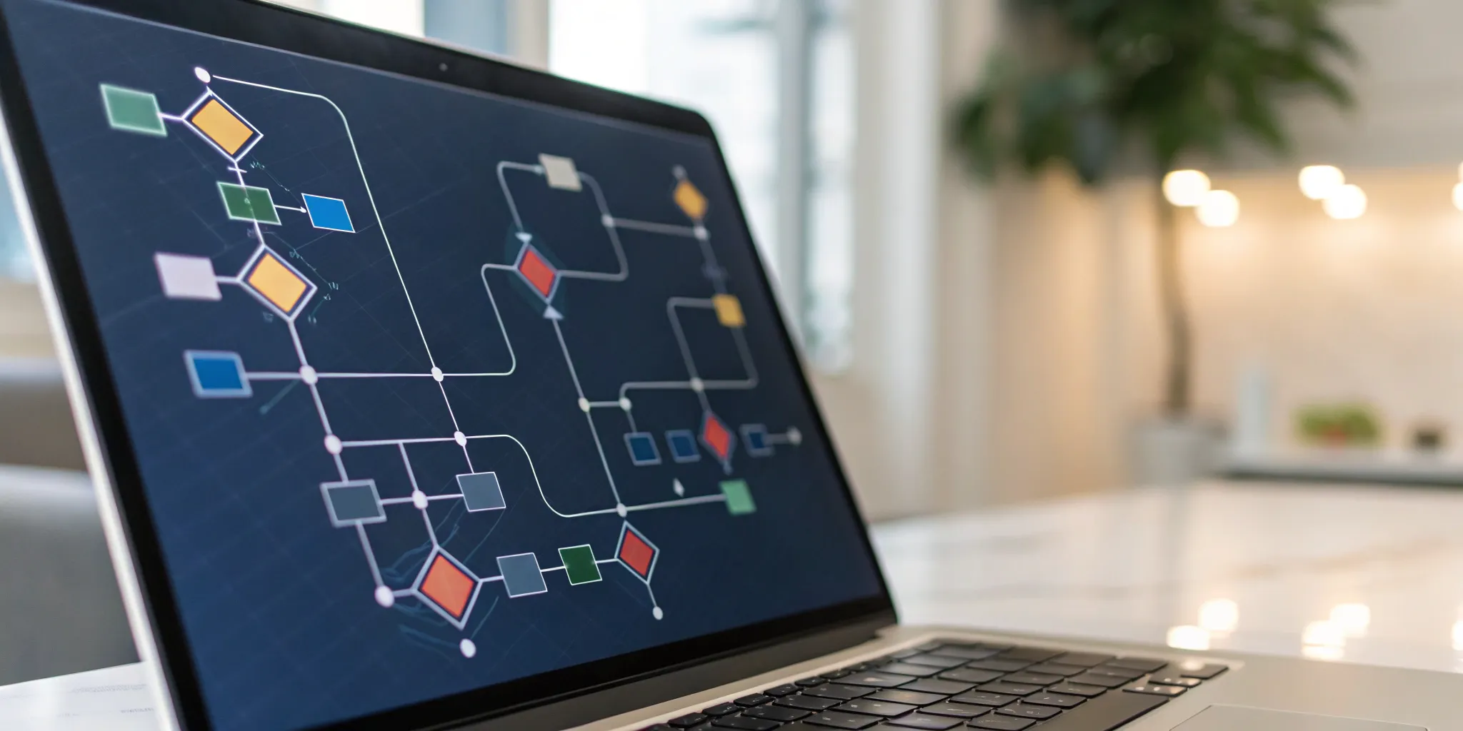 HR workflow software on a laptop displaying a flowchart for automating human resources processes.