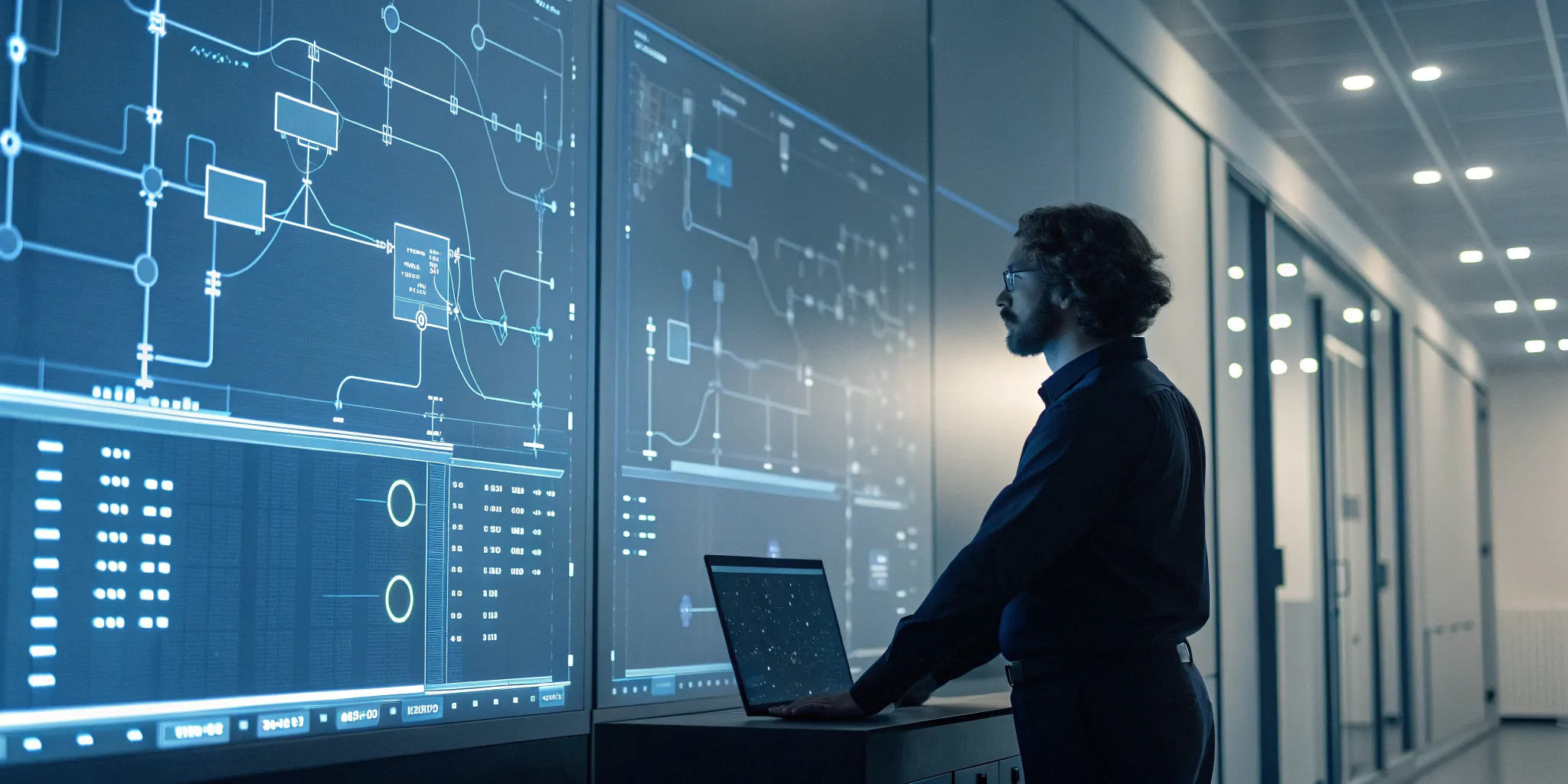 Dashboard comparing business process automation software with analytics charts and workflow diagrams.
