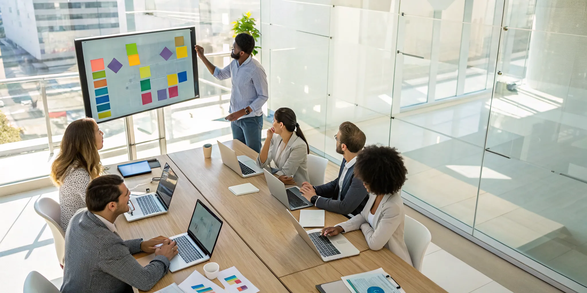 Team collaborating on workflow optimization techniques using charts.