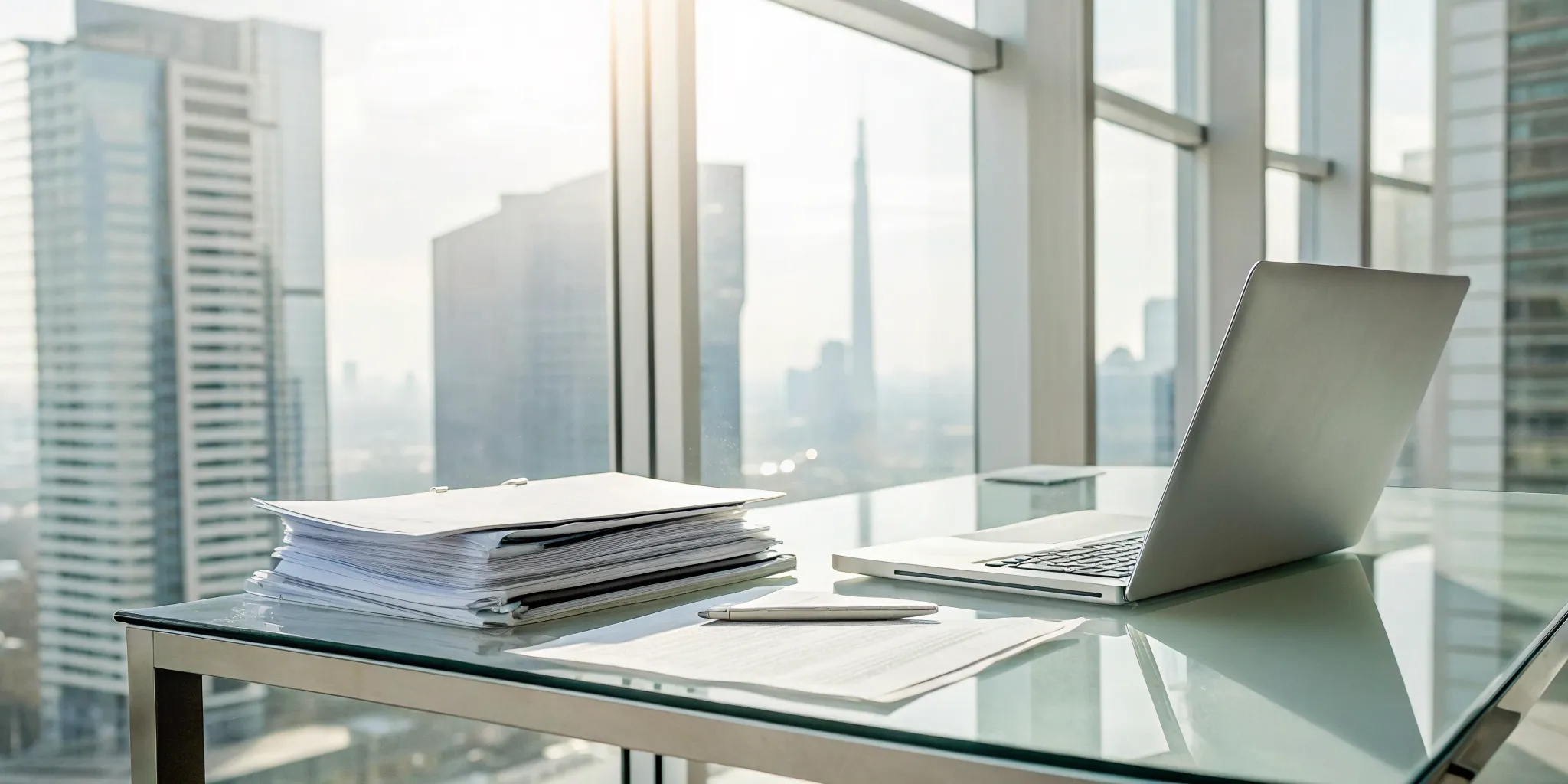 Laptop and a stack of documents on a desk for intelligent document capture.