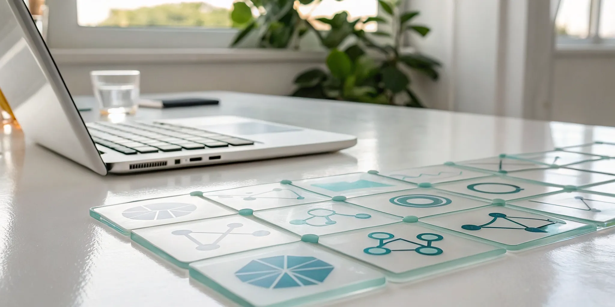 Diagram of an intelligent workflow with AI and automation icons on a laptop screen.