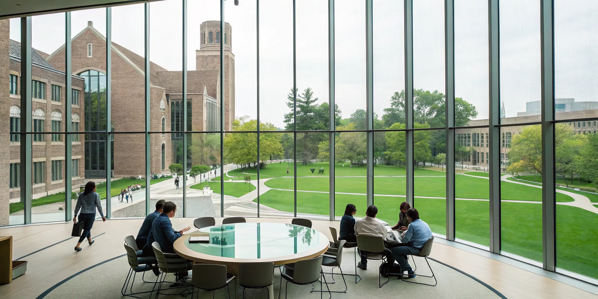 Modern campus with students collaborating using next gen web solutions.