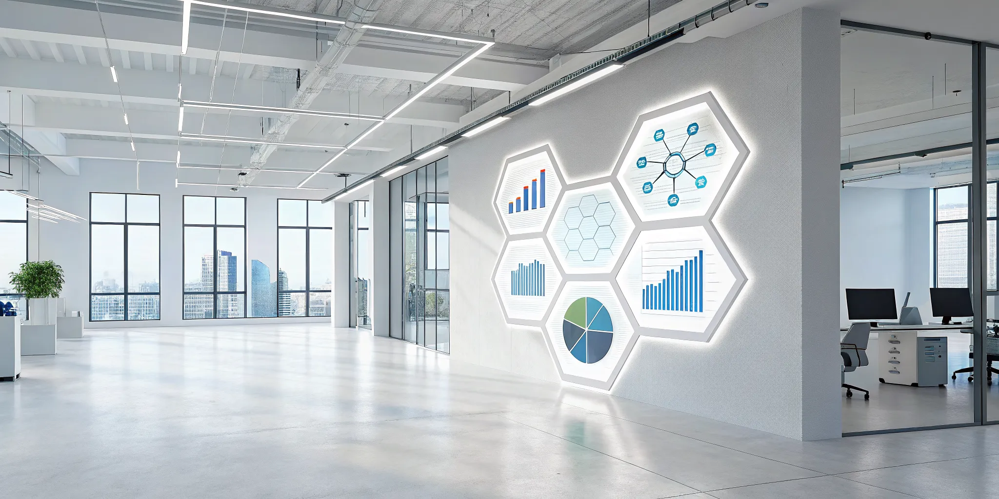 An enterprise workflow solutions dashboard displaying analytics and performance charts in a modern office.