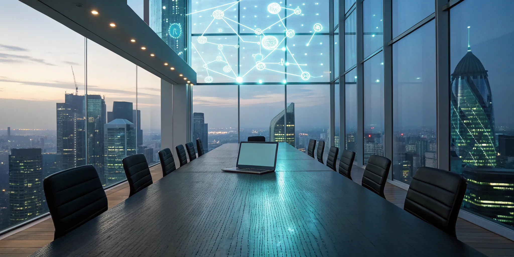 Laptop in a modern office showing a business rules management system with a city market view.