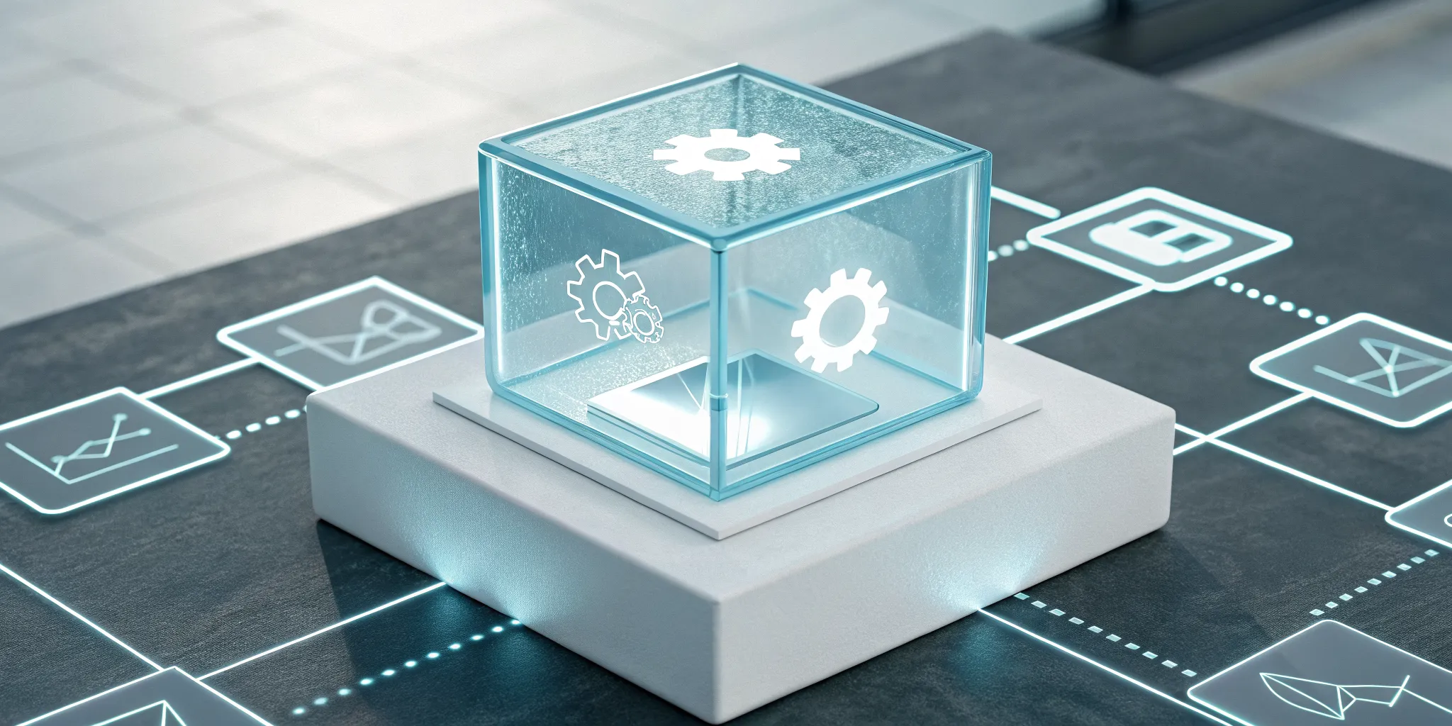 A business rules management system cube with gears, a core technology for the modern business market.