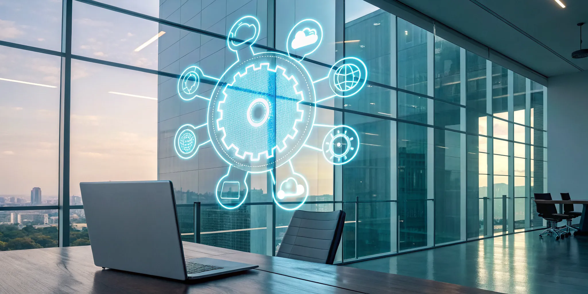 Laptop with gear and cloud icons for enterprise application integration services.