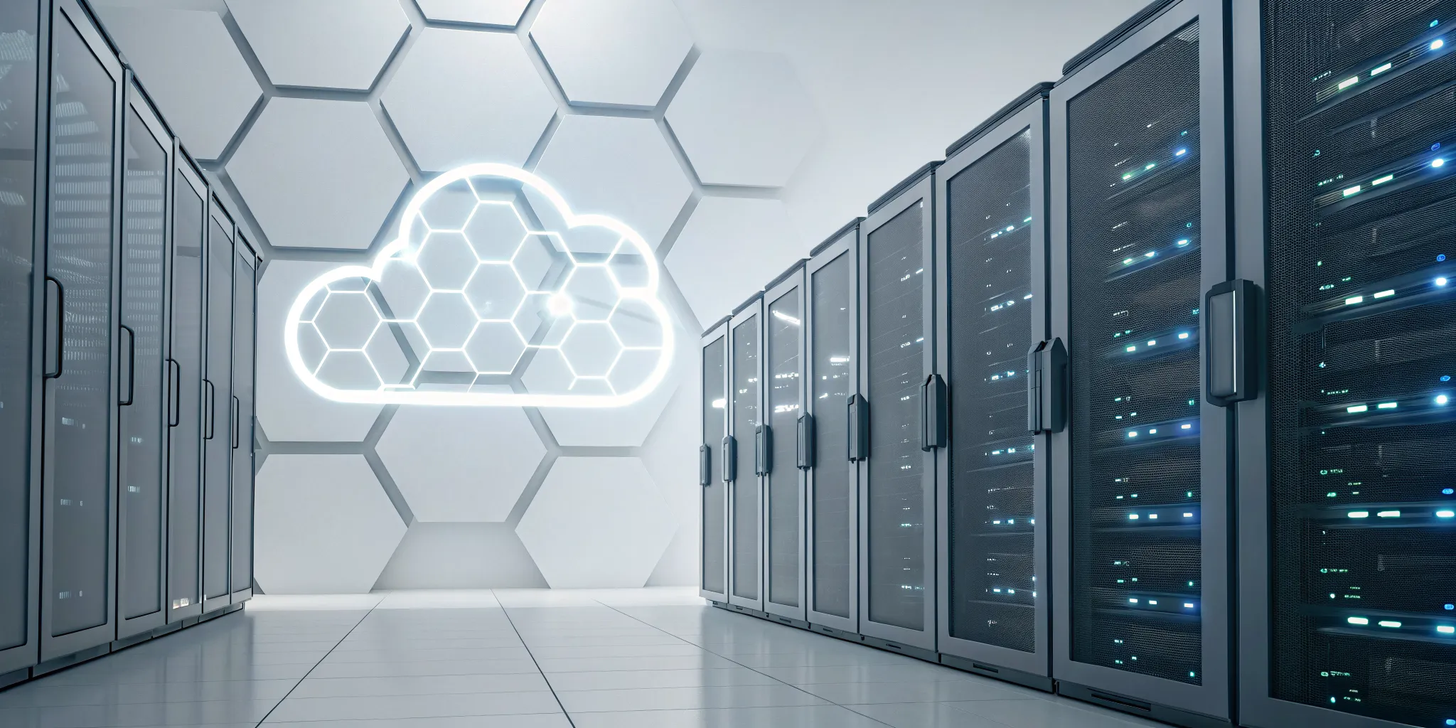 A glowing cloud icon in a server room highlights key integration methodologies in cloud computing.