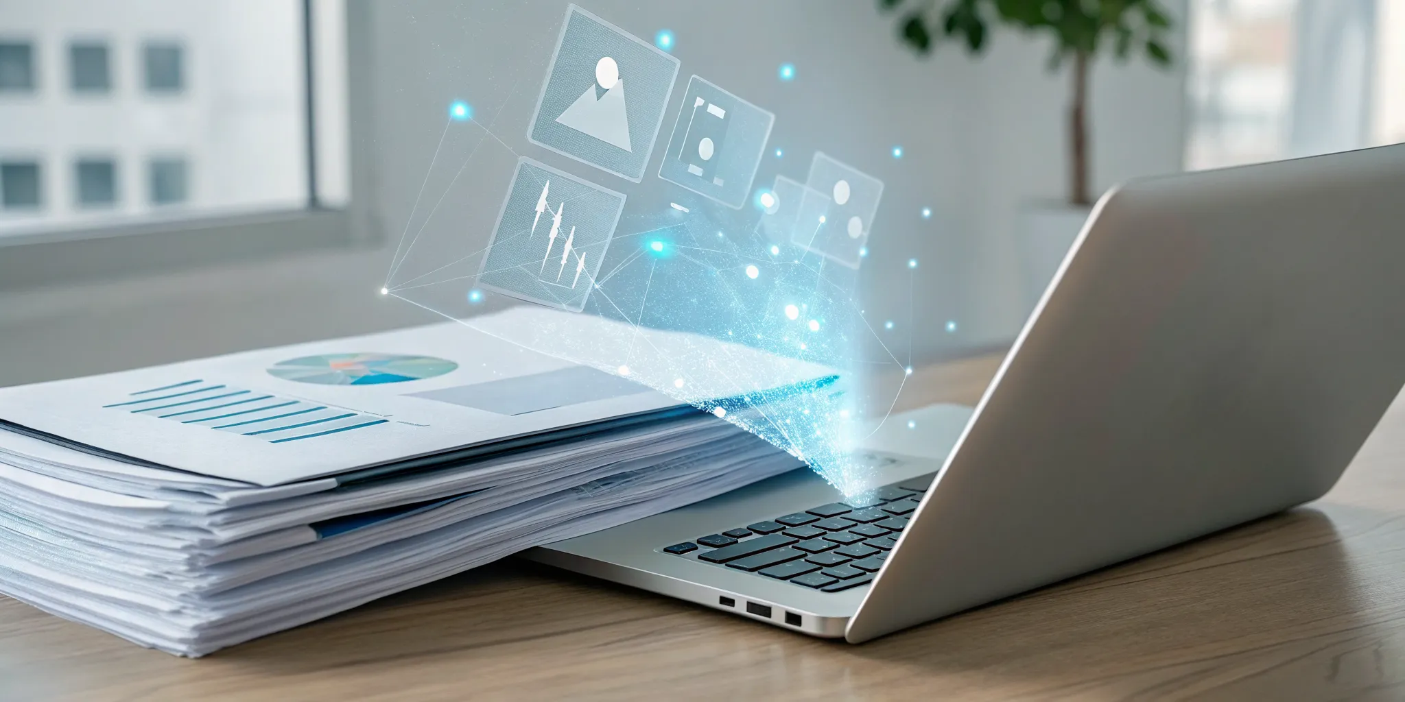 AI document processing software turning paper documents into digital files and data charts on a laptop.