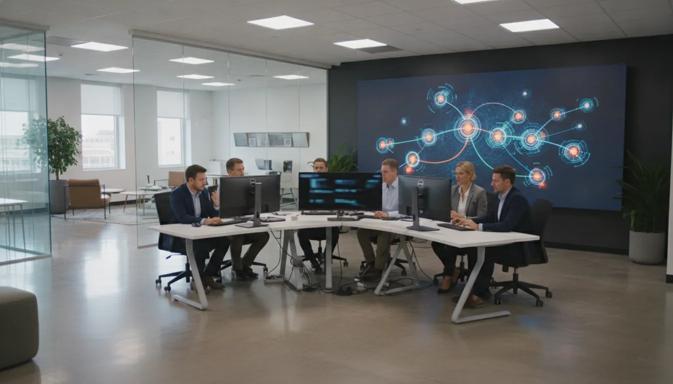 A team of professionals collaborating on digital process mapping in a modern corporate office, with a blurred workflow diagram on a screen in the background.