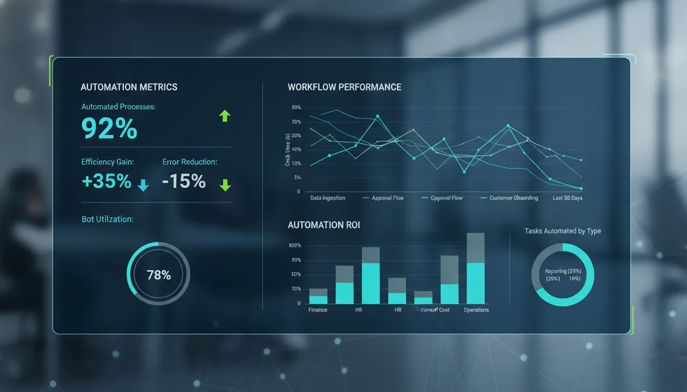 Modern corporate process analytics dashboard displaying automation KPI metrics and workflow performance charts