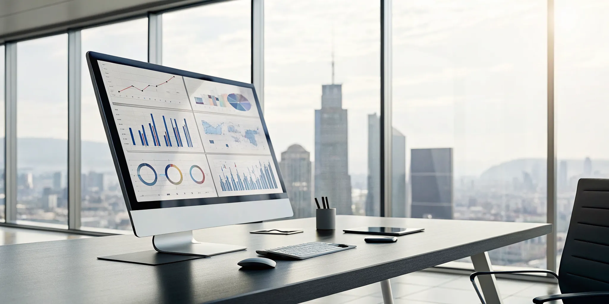 Visual workflow software on a computer screen showing a process diagram and analytics dashboard.